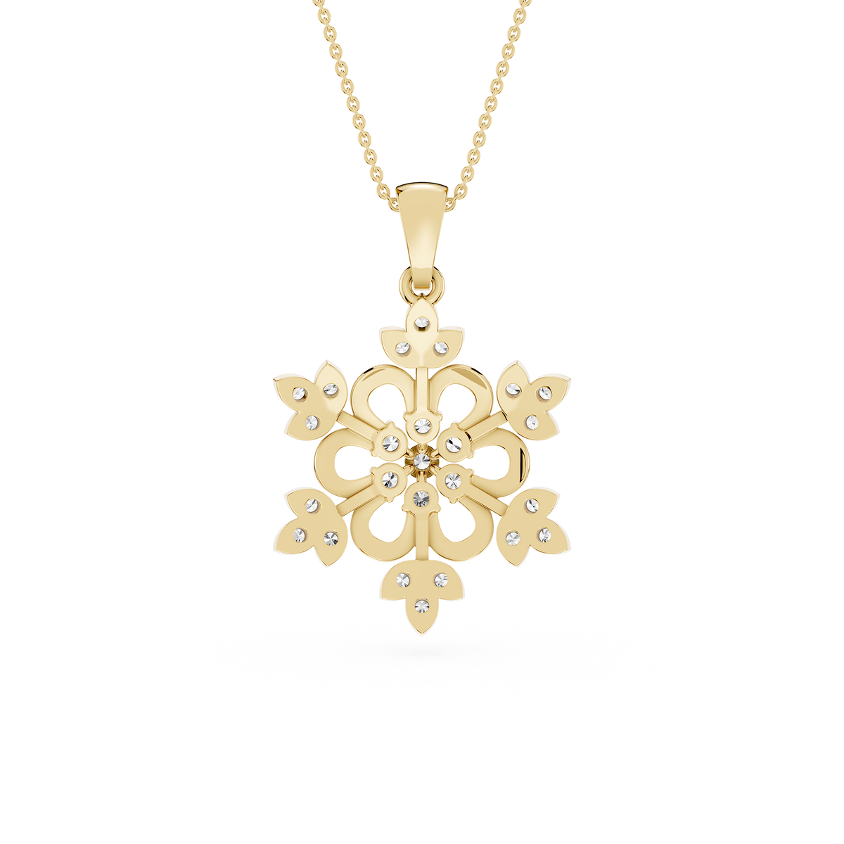 Gold snowflake pendant necklace on a white background