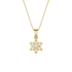 Gold snowflake pendant necklace on a white background