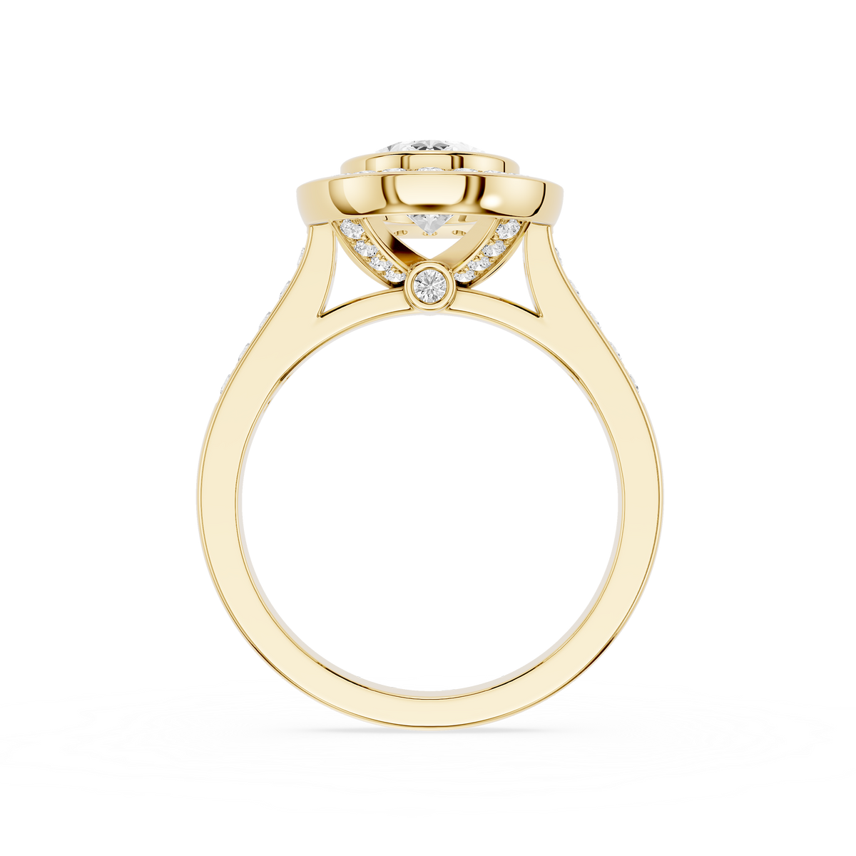 Back View Of Oval Cut Lab Grown Diamond Halo Bezel Engagement Ring