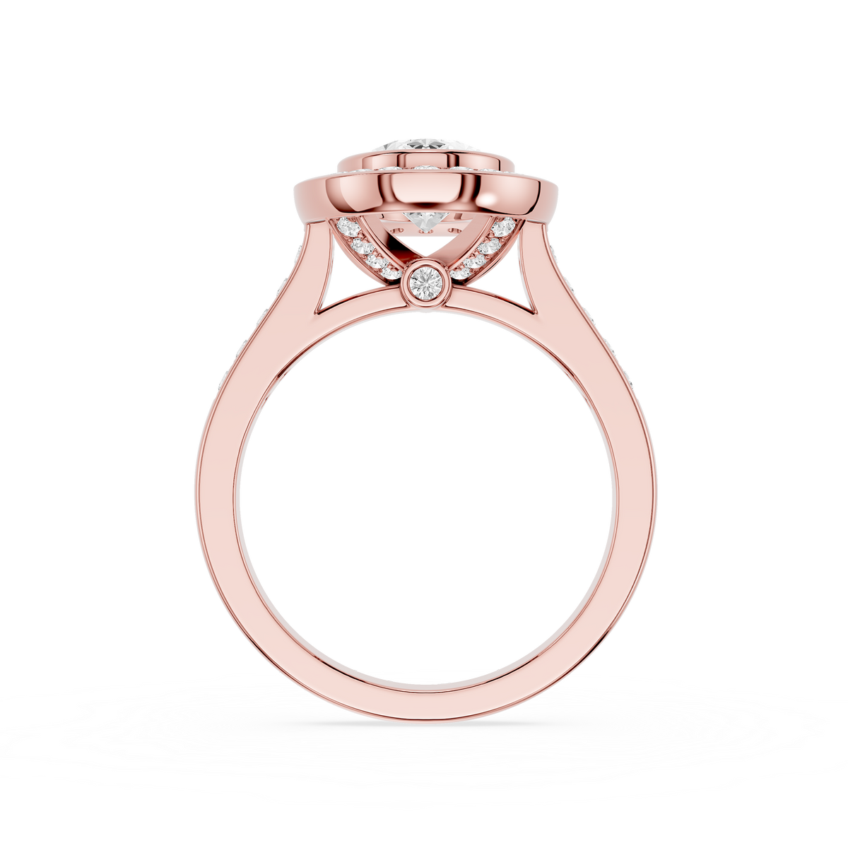 Rose Gold Oval Cut Lab Grown Diamond Halo Bezel Engagement Ring