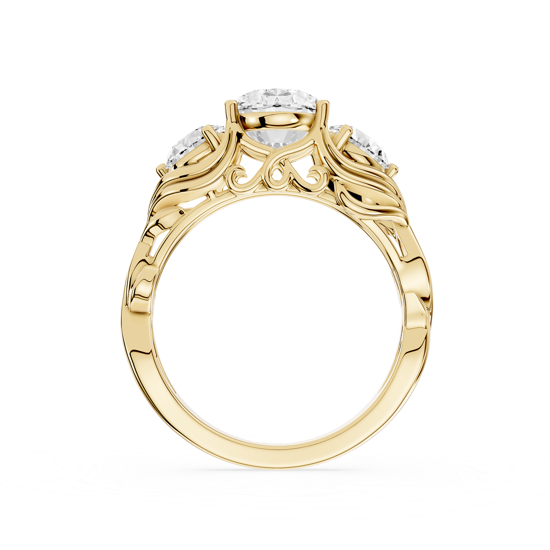 Gold ring with diamond accents on a white background