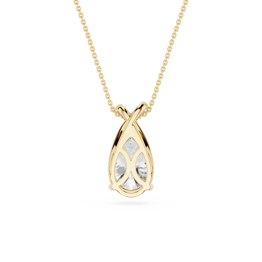 Gold necklace with a teardrop-shaped pendant on a white background