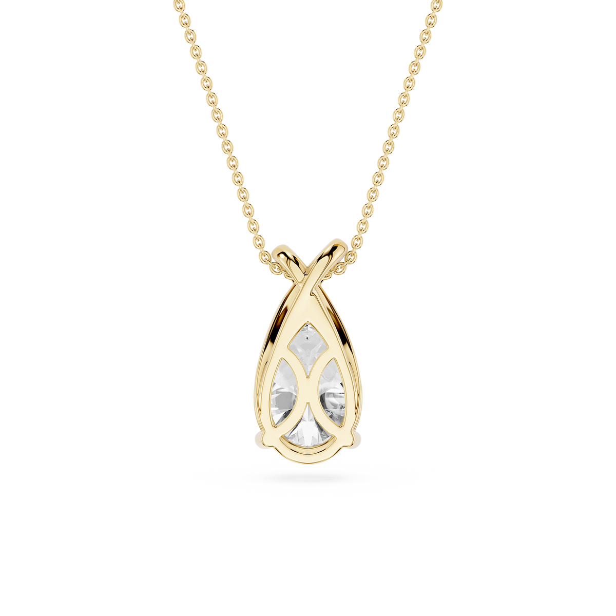 Gold necklace with a teardrop-shaped pendant on a white background