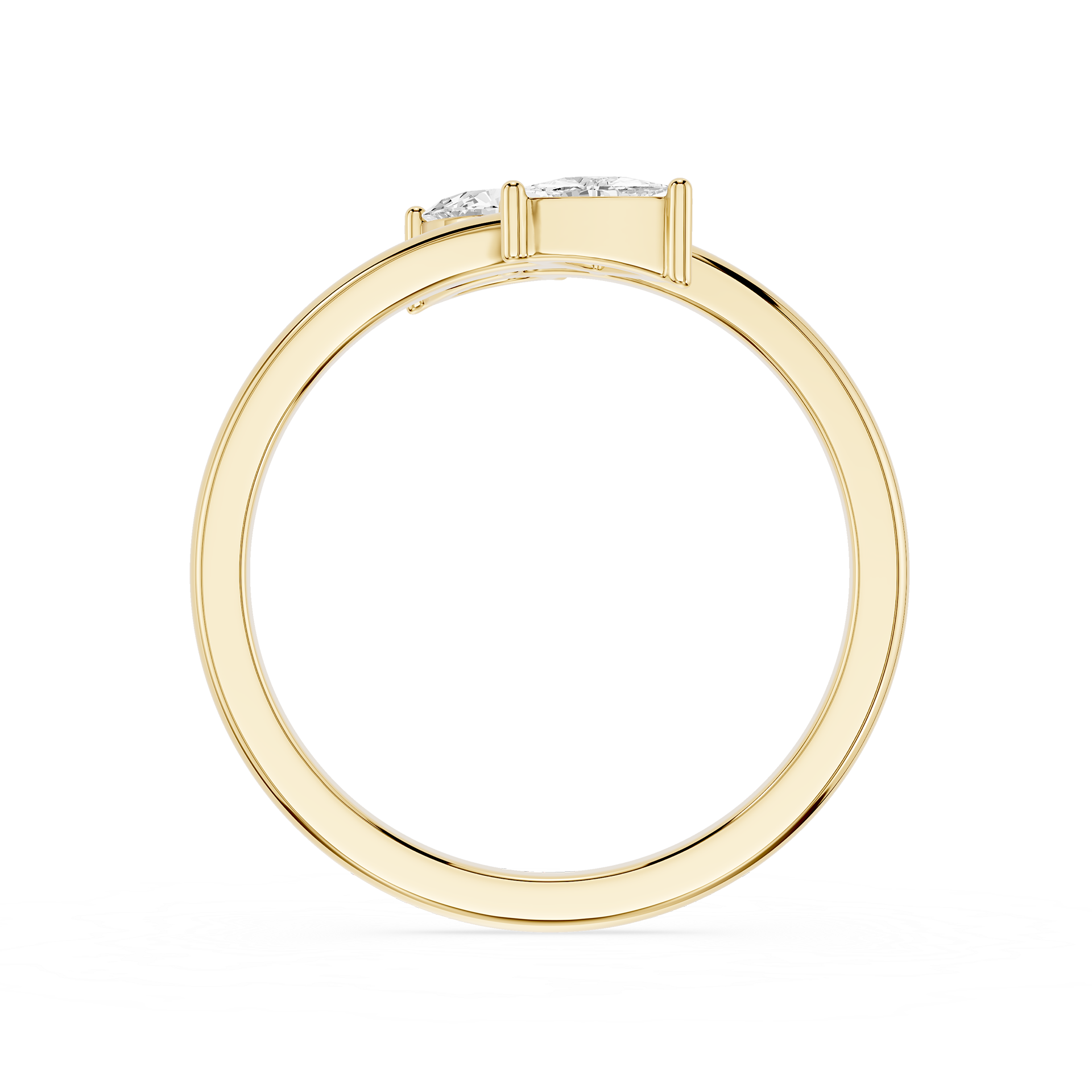A yellow gold ring with a three-stone setting, featuring clear gemstones, shown from a side profile view on a white background.