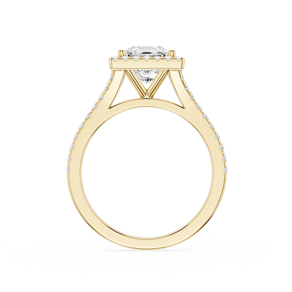 Yellow Gold Princess Cut Cathedral Halo Lab Diamond Engagement Ring