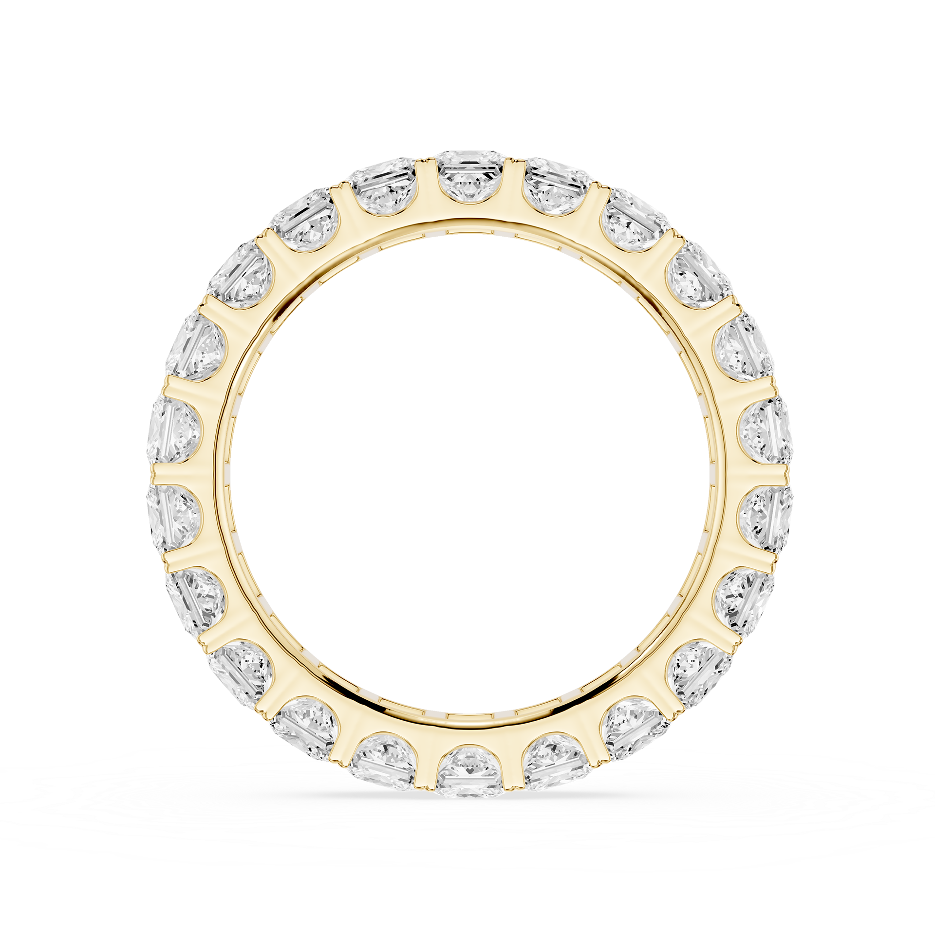 A yellow gold eternity ring set with round brilliant-cut diamonds, shown on a clean white background.