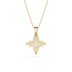 Gold geometric pendant necklace on a white background