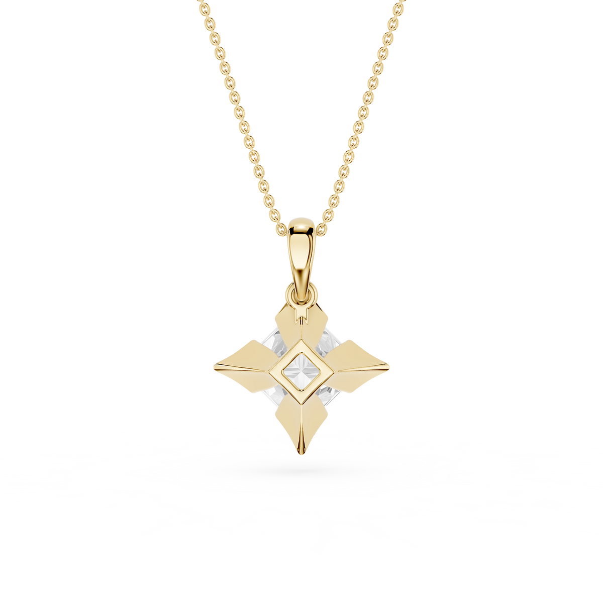 Gold geometric pendant necklace on a white background