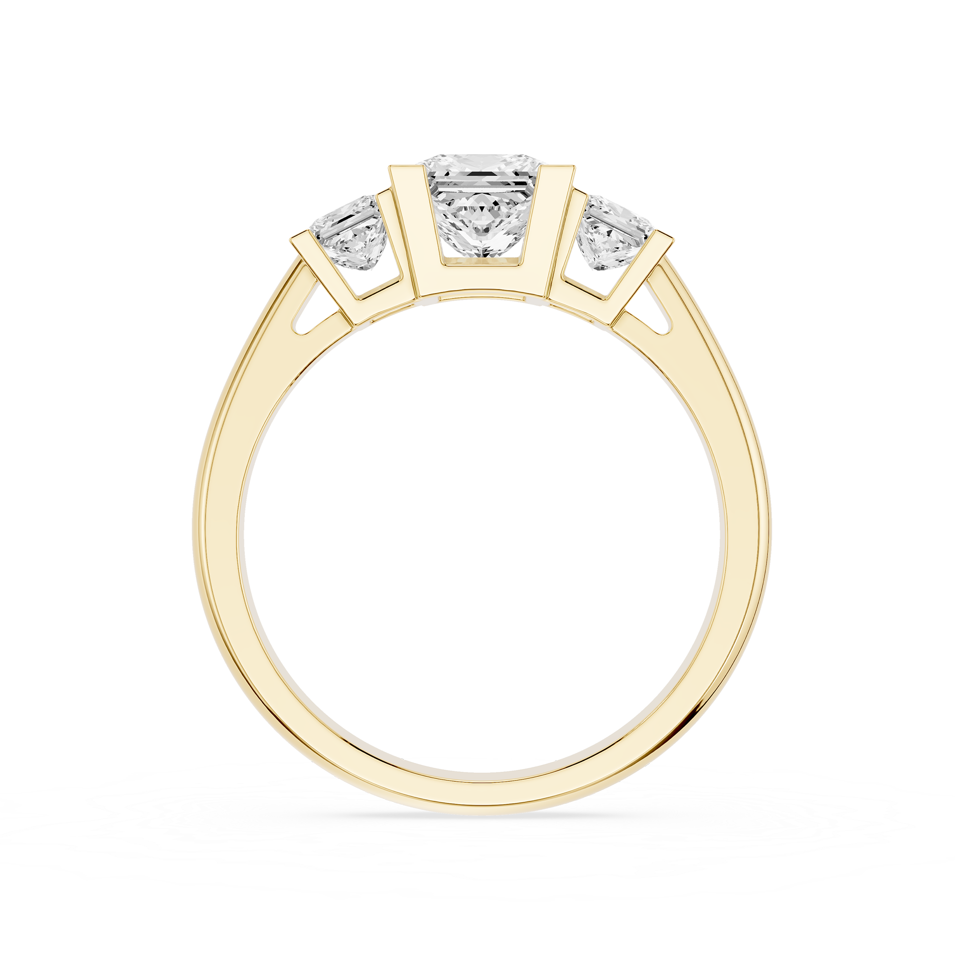 Gold ring with three diamonds on a white background
