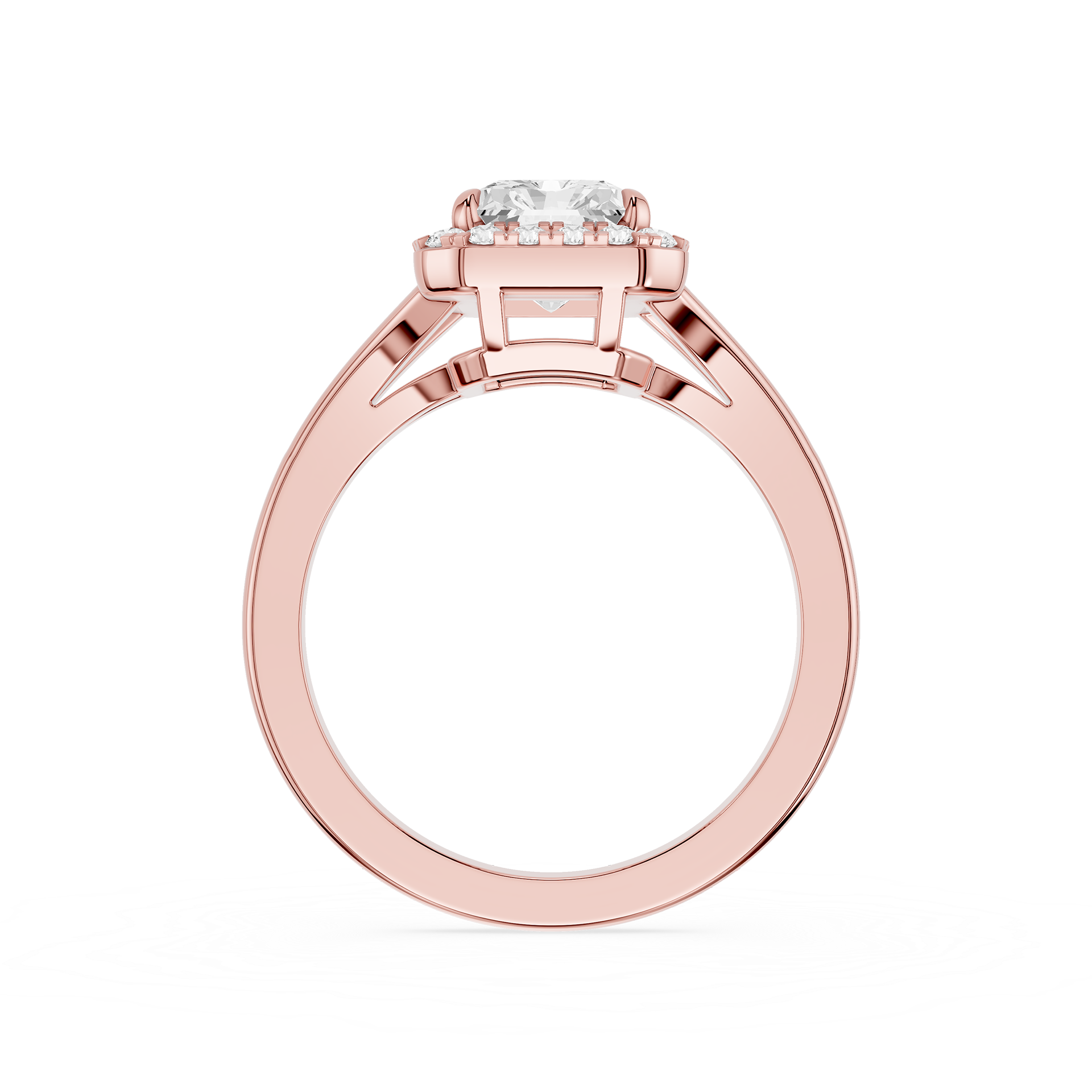 Rose gold ring with a diamond on a white background