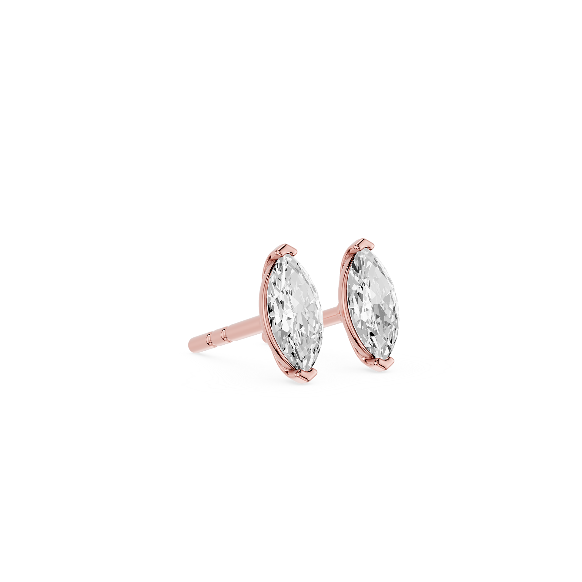 Rose gold earrings with clear gemstones on a white background