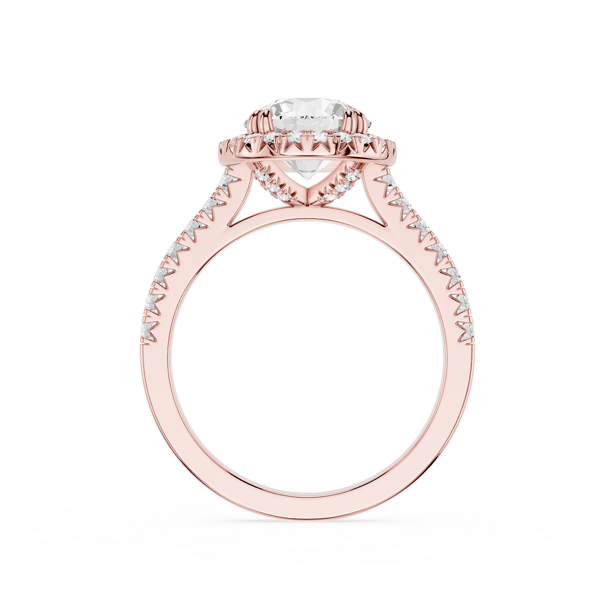 Rose gold hidden halo engagement ring featuring a round cut lab grown diamond center stone, pave-set band, and a discreet halo of accent diamonds beneath the center diamond.
