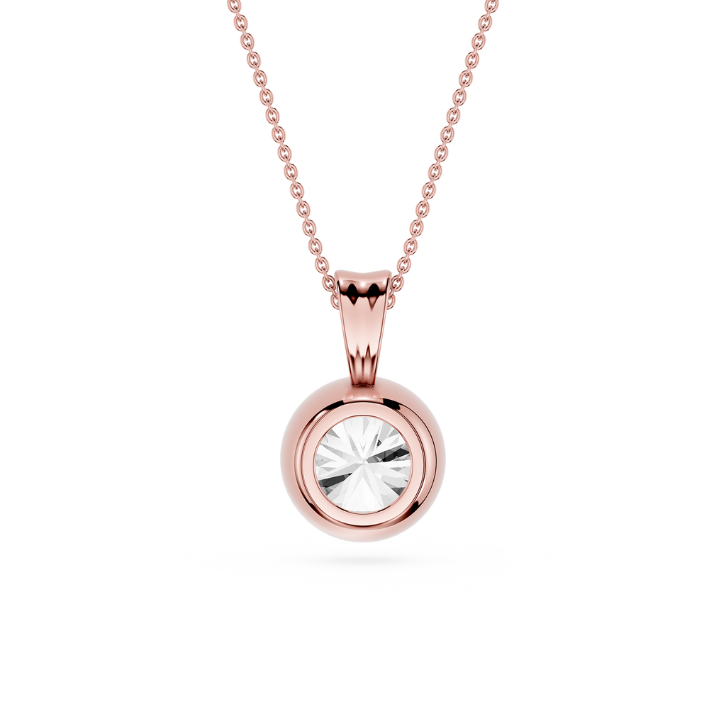 Rose gold necklace with a clear gemstone on a white background