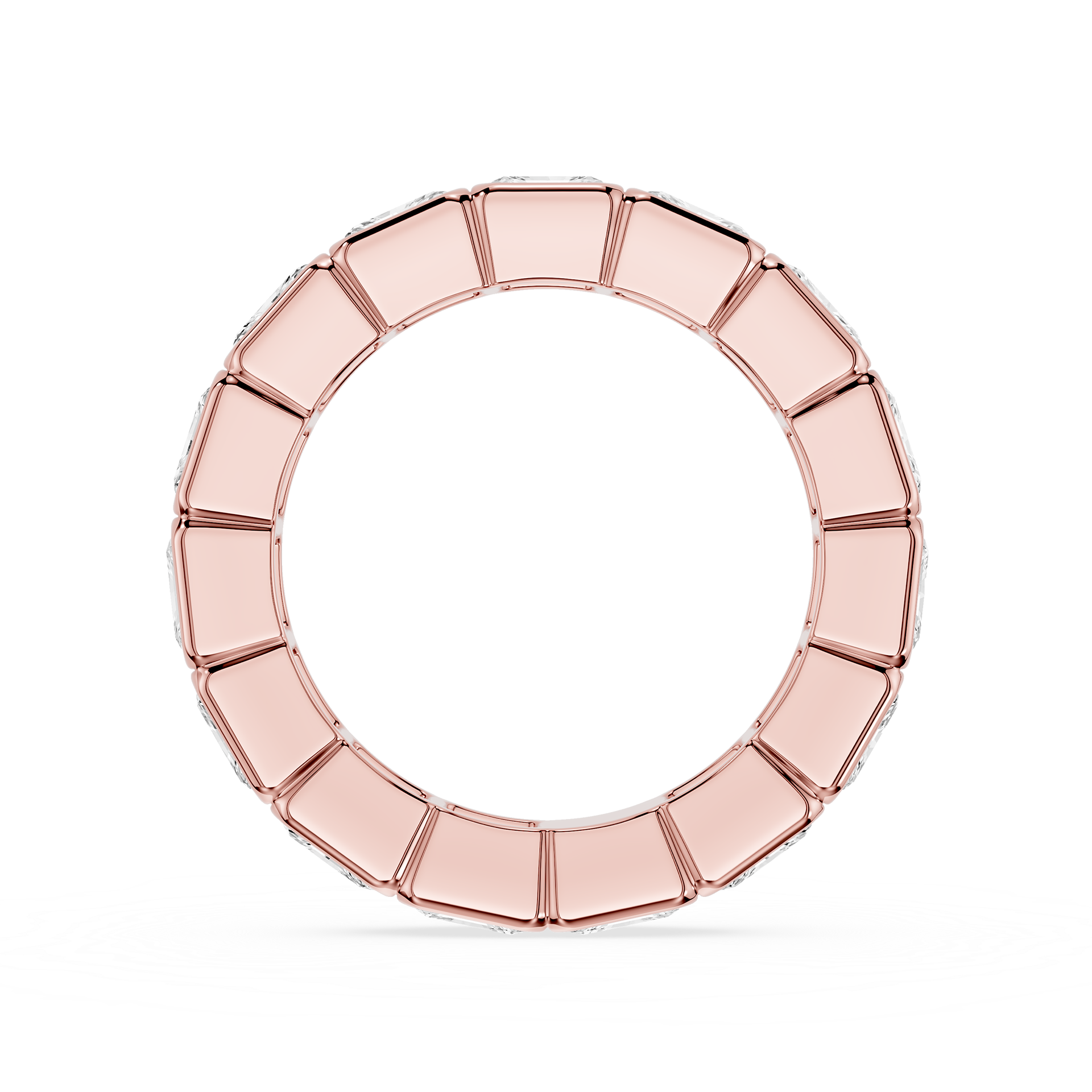 A yellow gold eternity ring featuring a continuous row of small, scalloped-cut clear gemstones, presented on a clean white background.