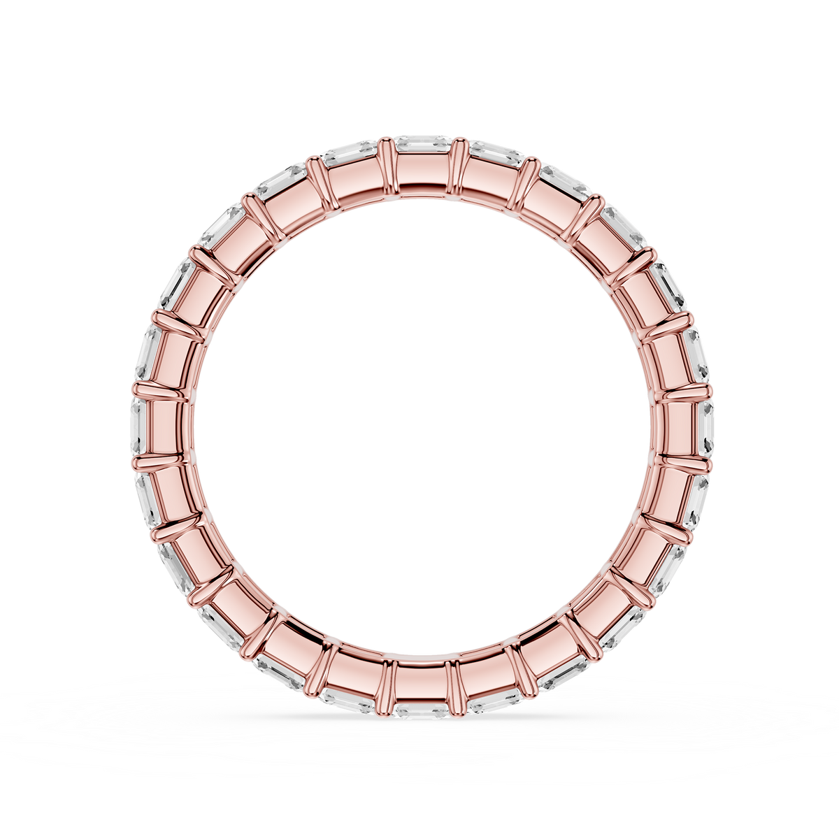 A wide rose gold Asscher Cut Lab Diamond Shared Prong Eternity Wedding Band