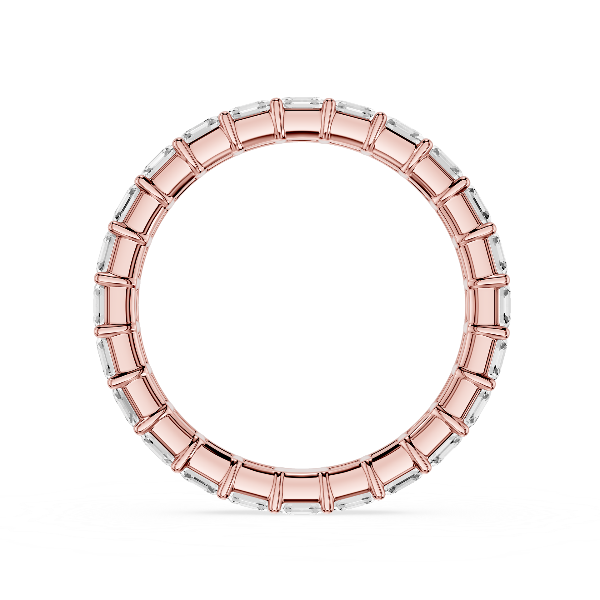 A wide rose gold eternity-style ring with rectangular clear stones set around the band, shown on a plain white background.
