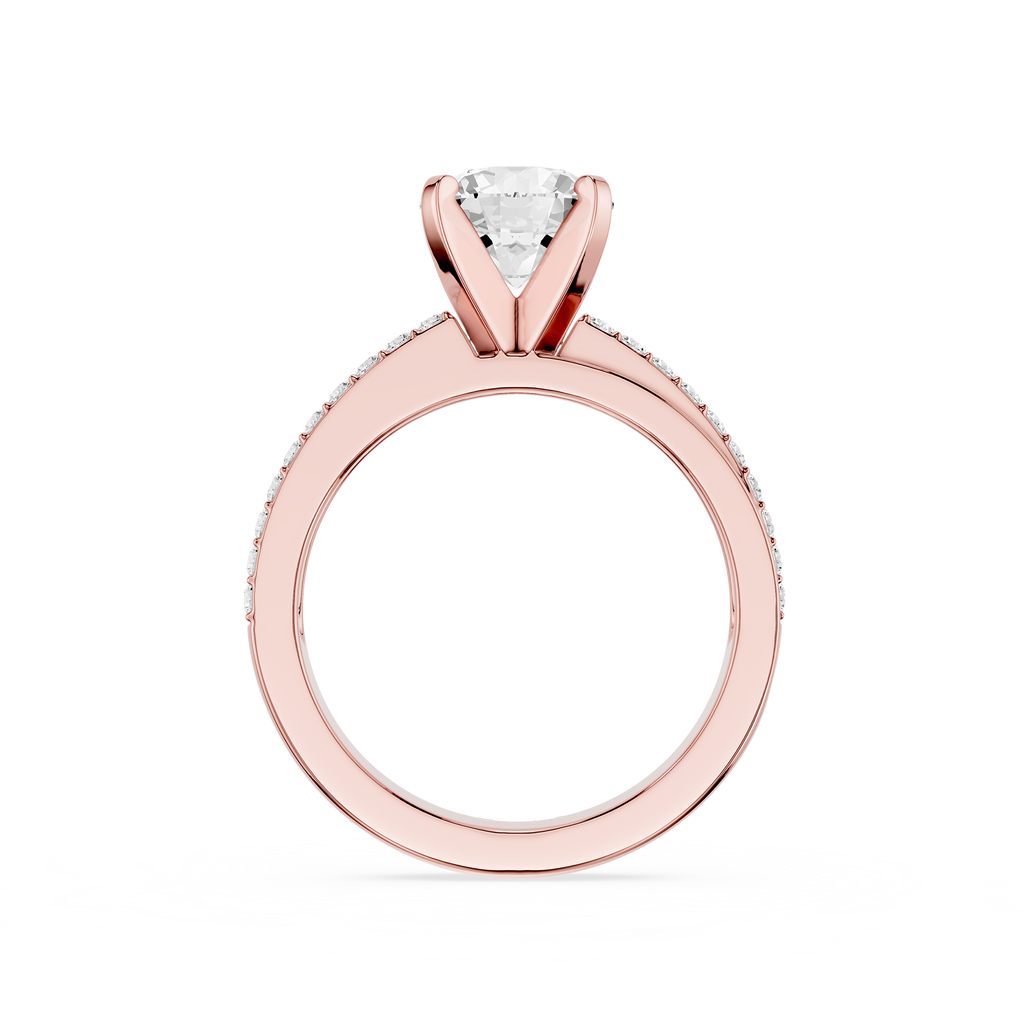 Rose gold ring with a diamond on a white background