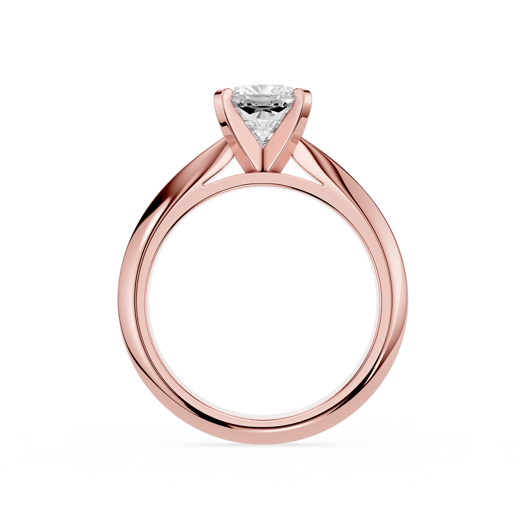 Rose gold ring with a diamond on a white background