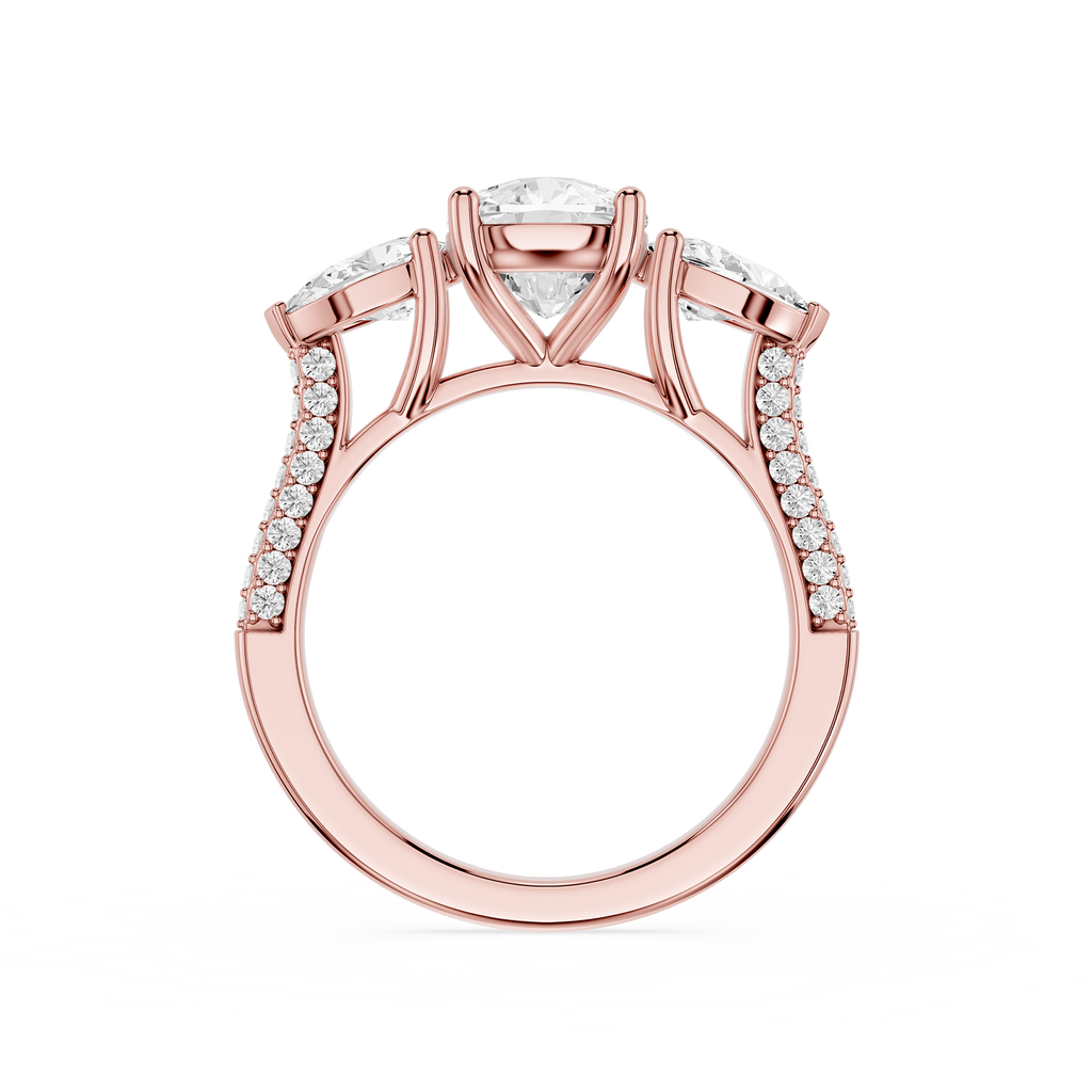 Rose gold ring with diamond accents on a white background