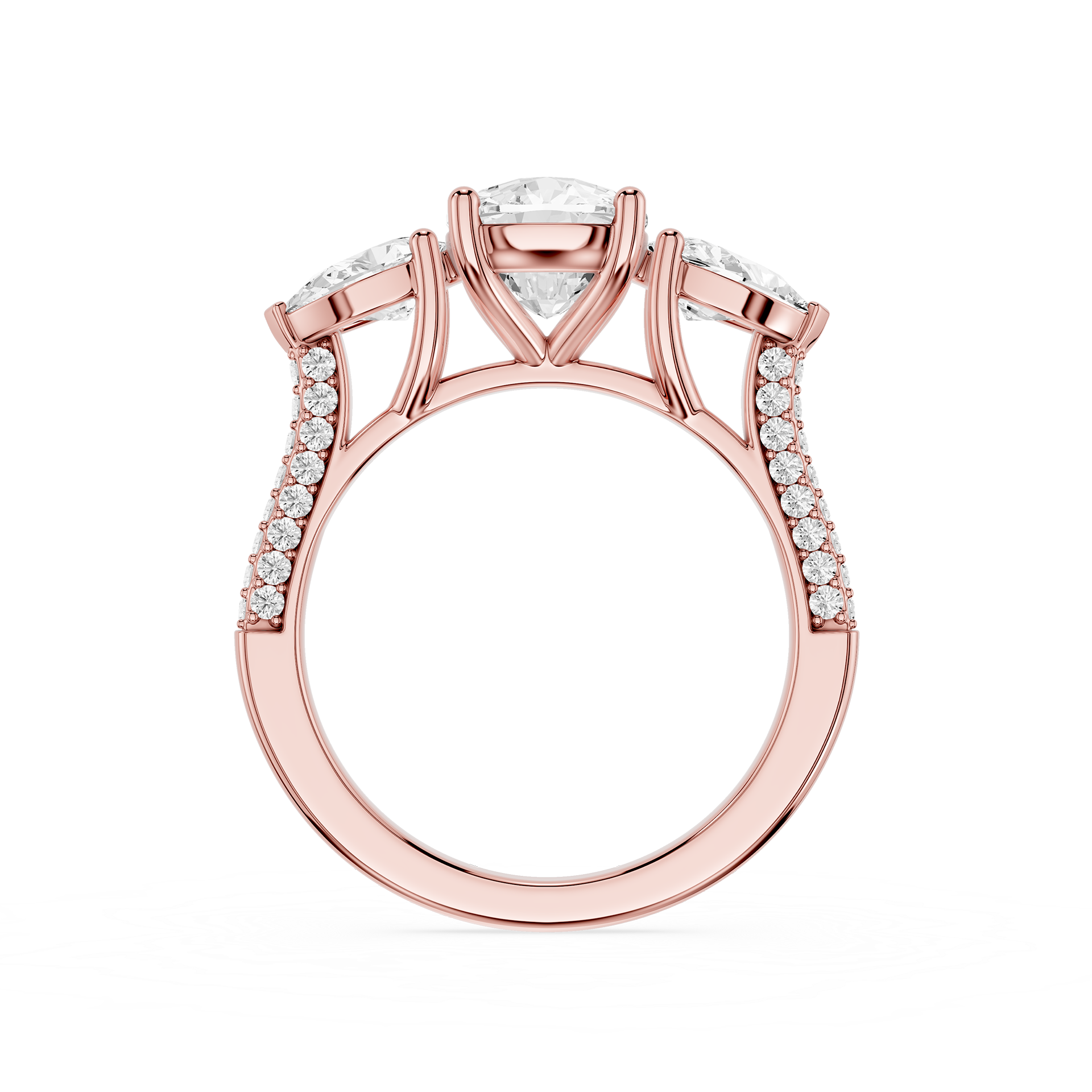 Rose gold ring with diamond accents on a white background