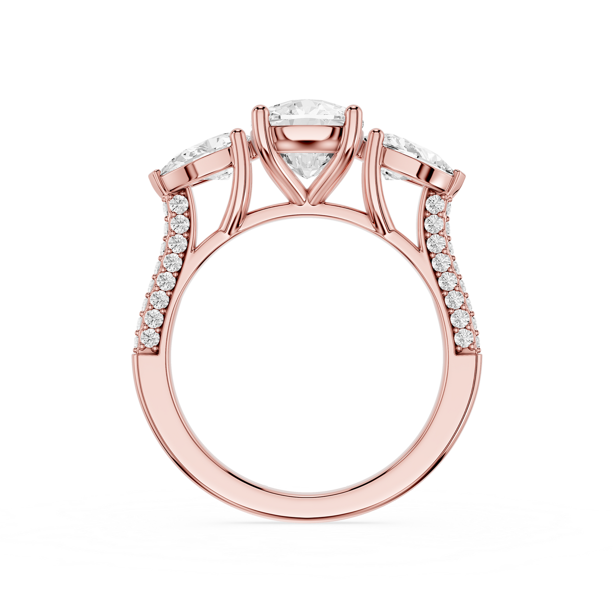 Rose gold Cushion & Pear Cut 3 Stone Lab Diamond Pave Engagement Ring