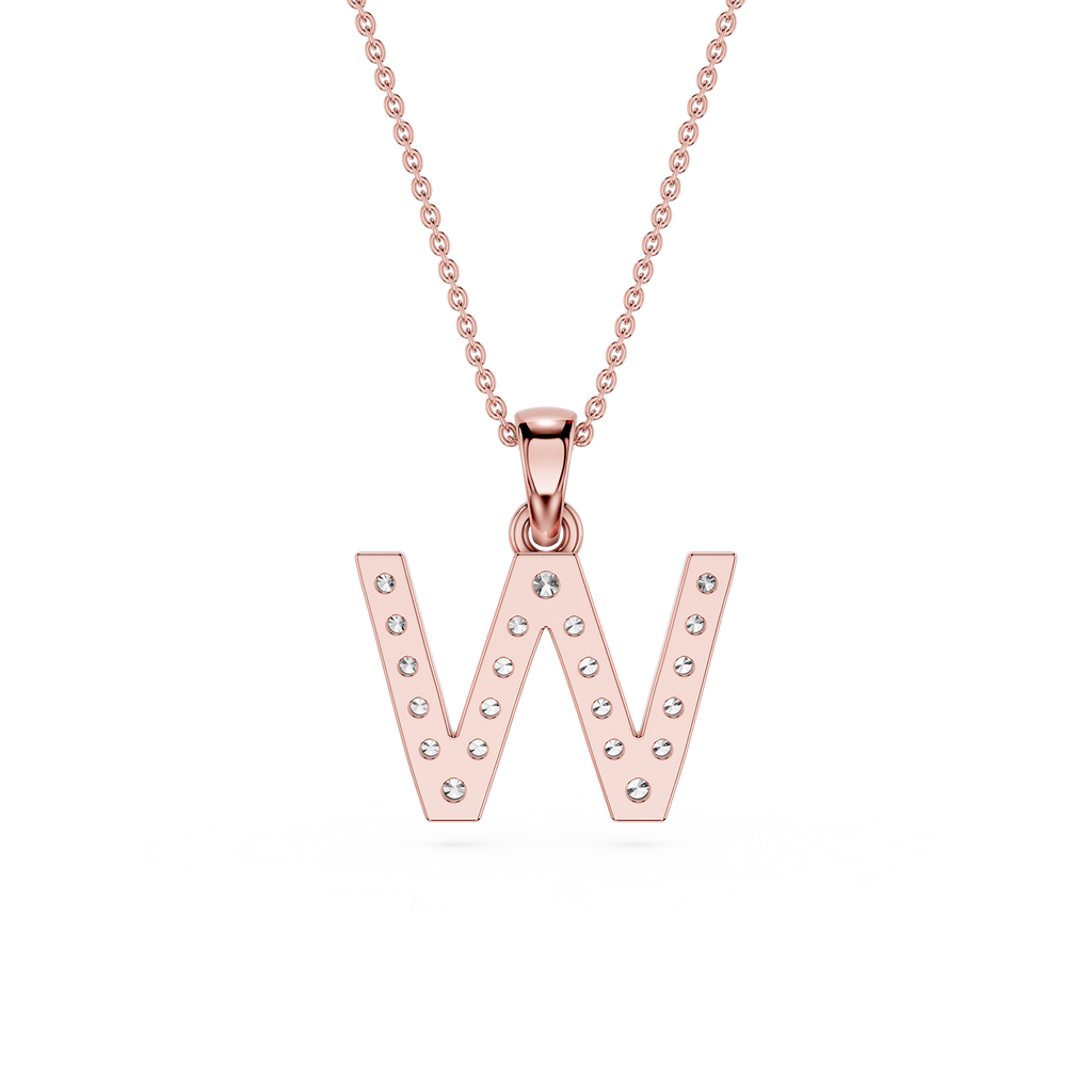 Rose gold necklace with a letter 'W' pendant on a white background