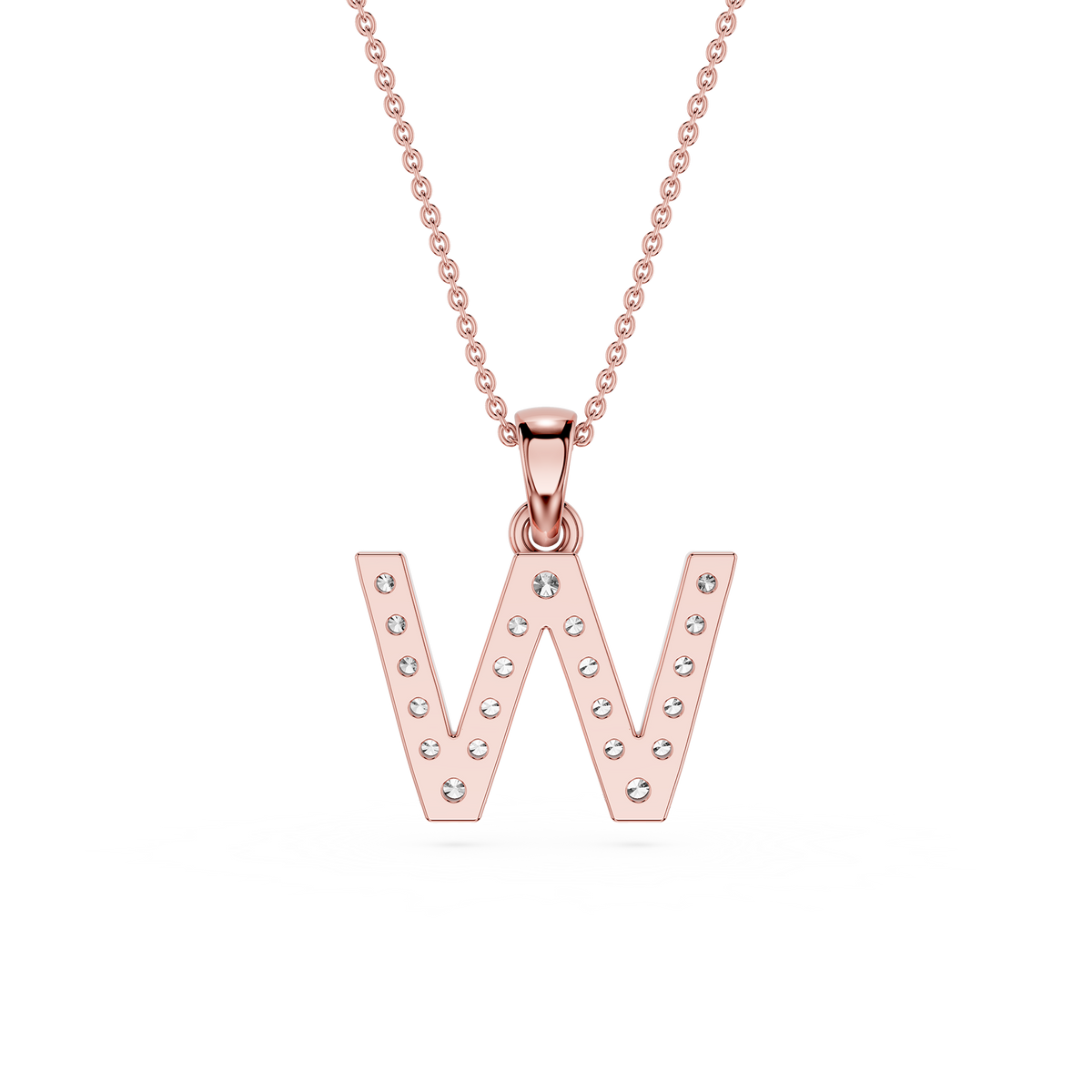 Rose gold necklace with a letter 'W' pendant on a white background