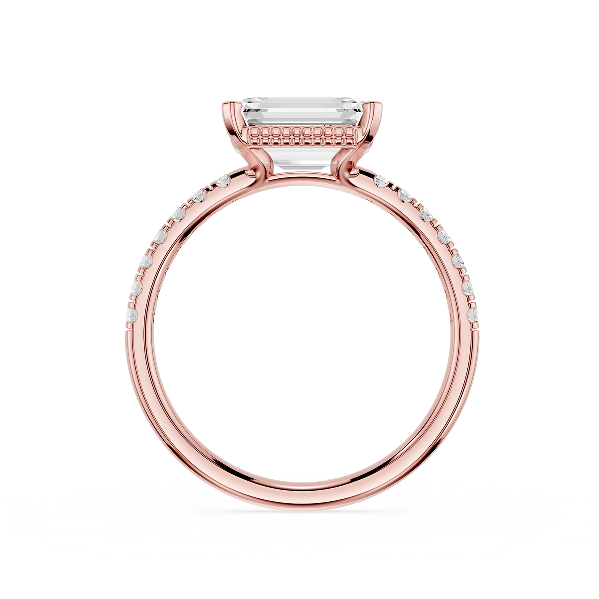 Emerald Cut Lab Diamond Claw Prong Pave Engagement Ring Rose Gold