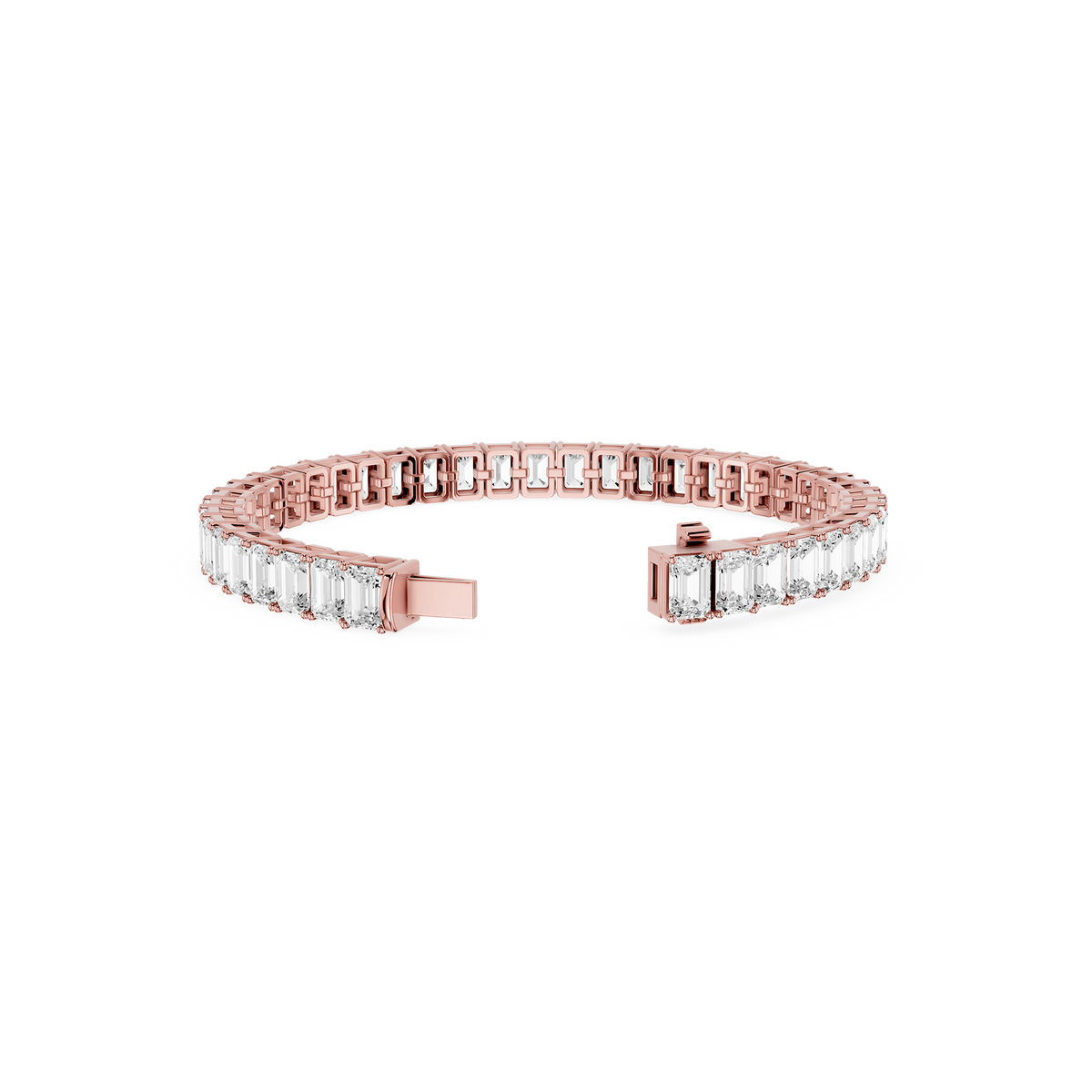 Rose gold bracelet with clear gemstones on a white background