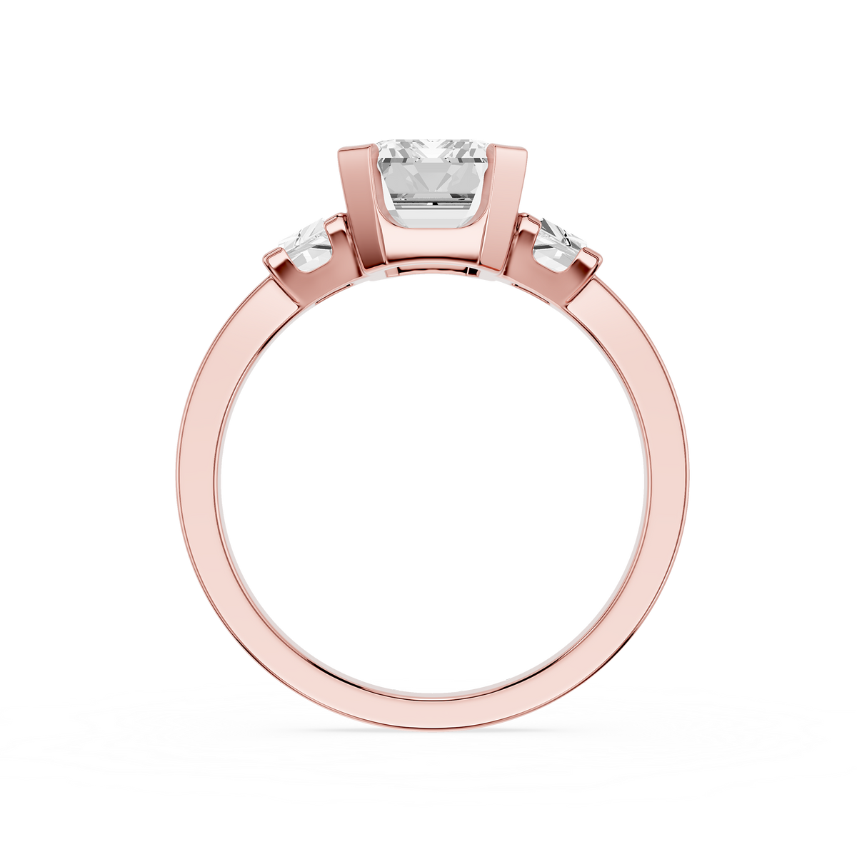 Back View Of Rose Gold Emerald Cut Lab Diamond Semi Bezel Trio Engagement Ring
