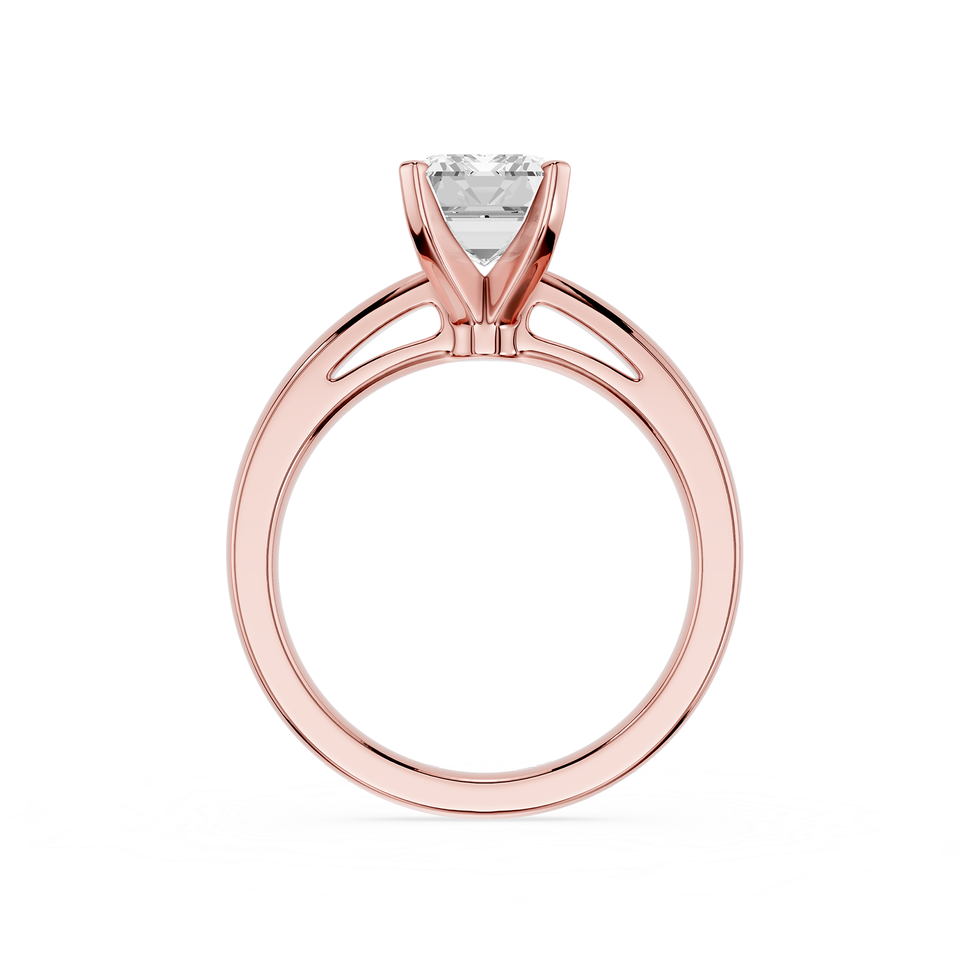 Rose gold ring with a diamond on a white background