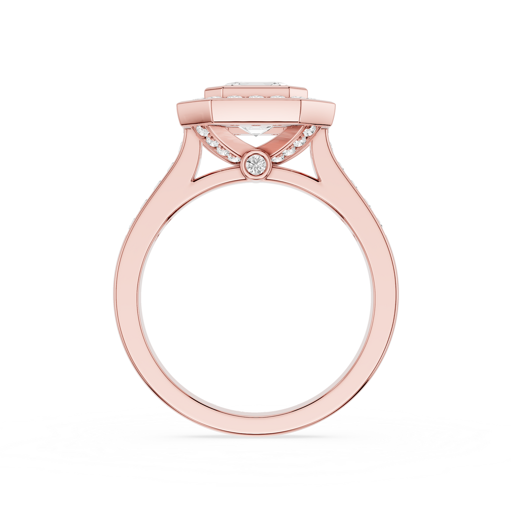 Rose gold ring with a diamond on a white background