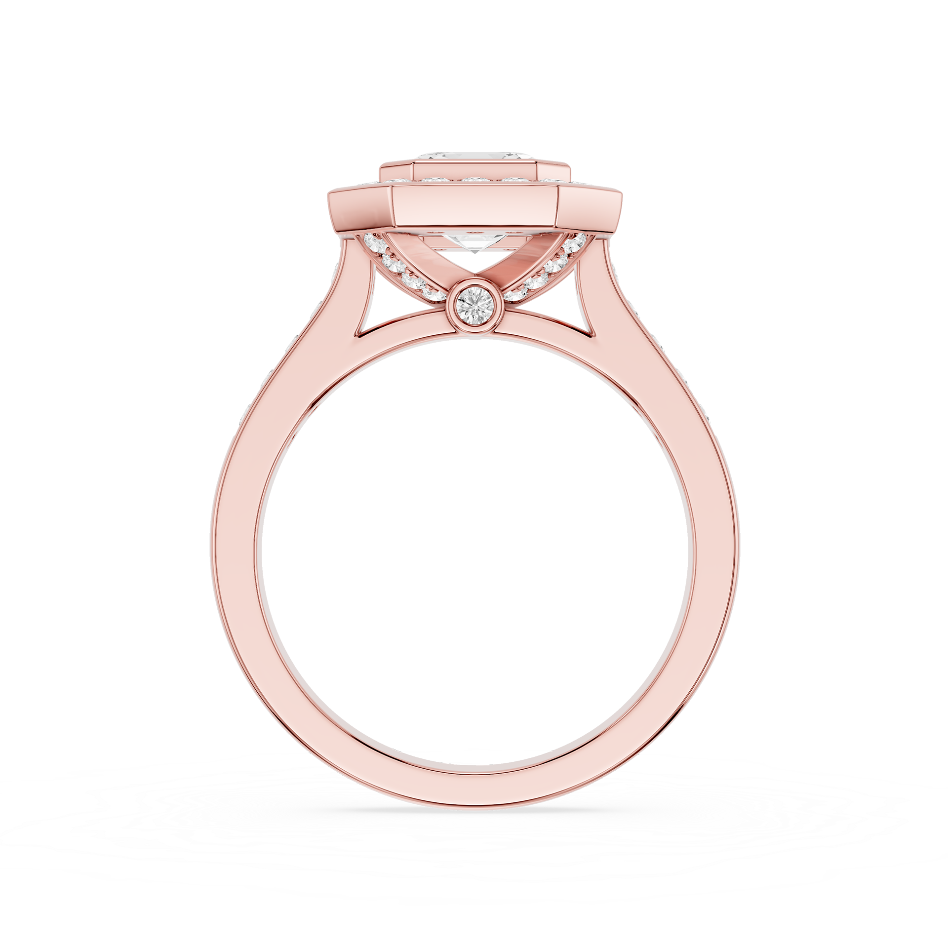 Rose gold ring with a diamond on a white background