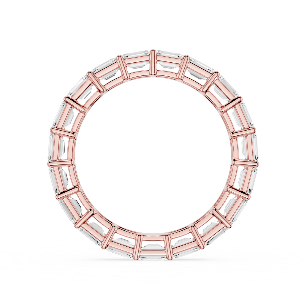 A circular ring featuring a rose gold frame with clear rectangular baguette-cut gemstones, presented on a clean white background.