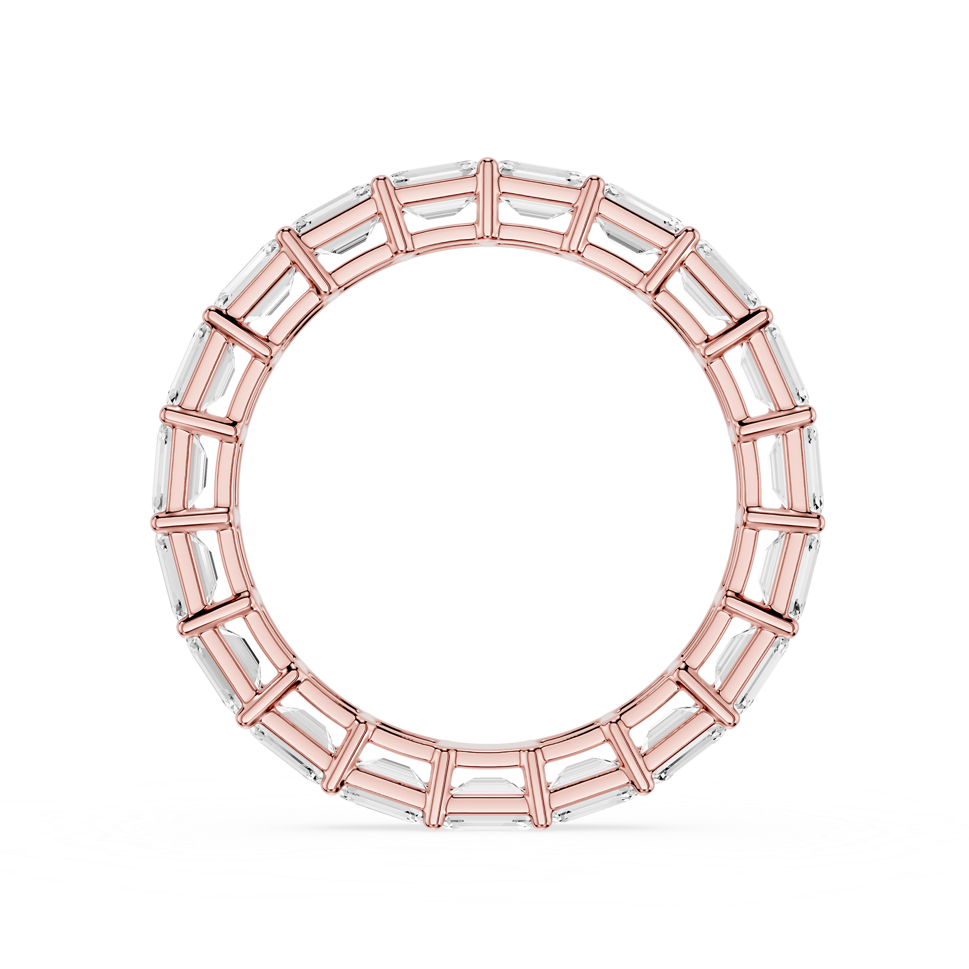 A circular ring featuring a rose gold frame with clear rectangular baguette-cut gemstones, presented on a clean white background.