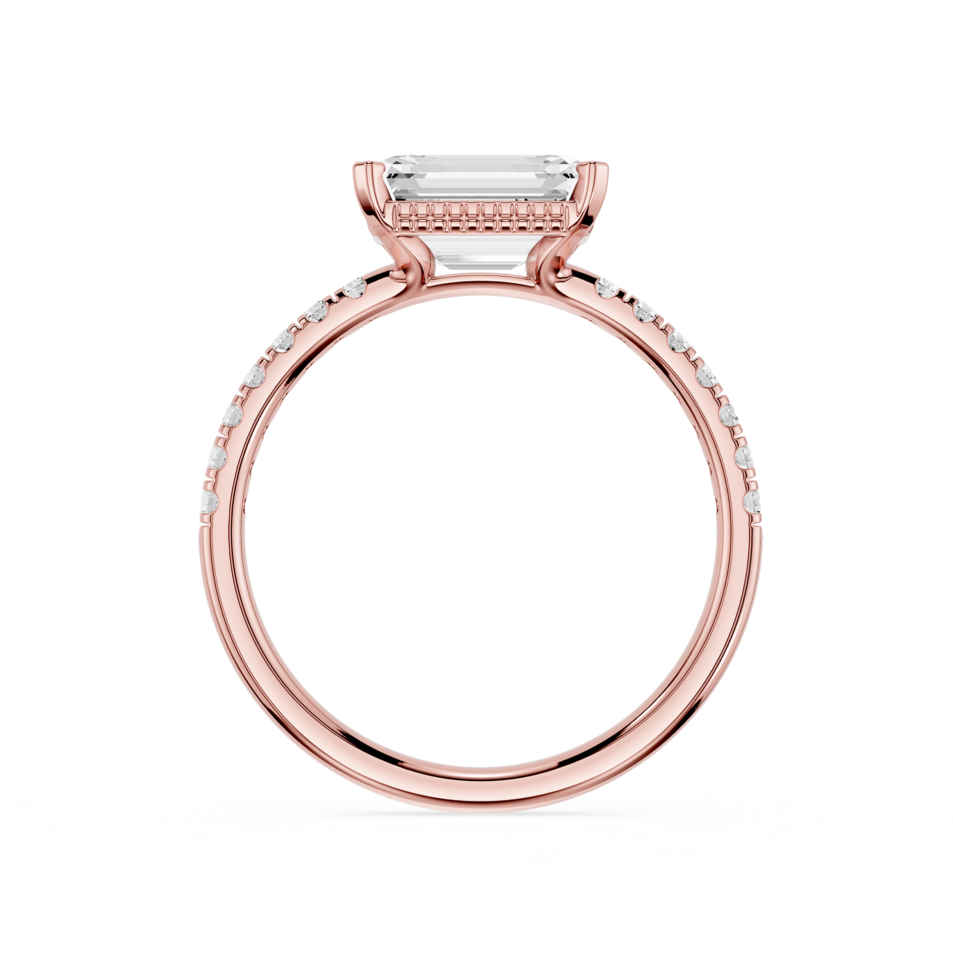 A rose gold engagement ring featuring a rectangular emerald-cut clear center stone and pavé-set round diamonds along the shank, shown on a clean white background.