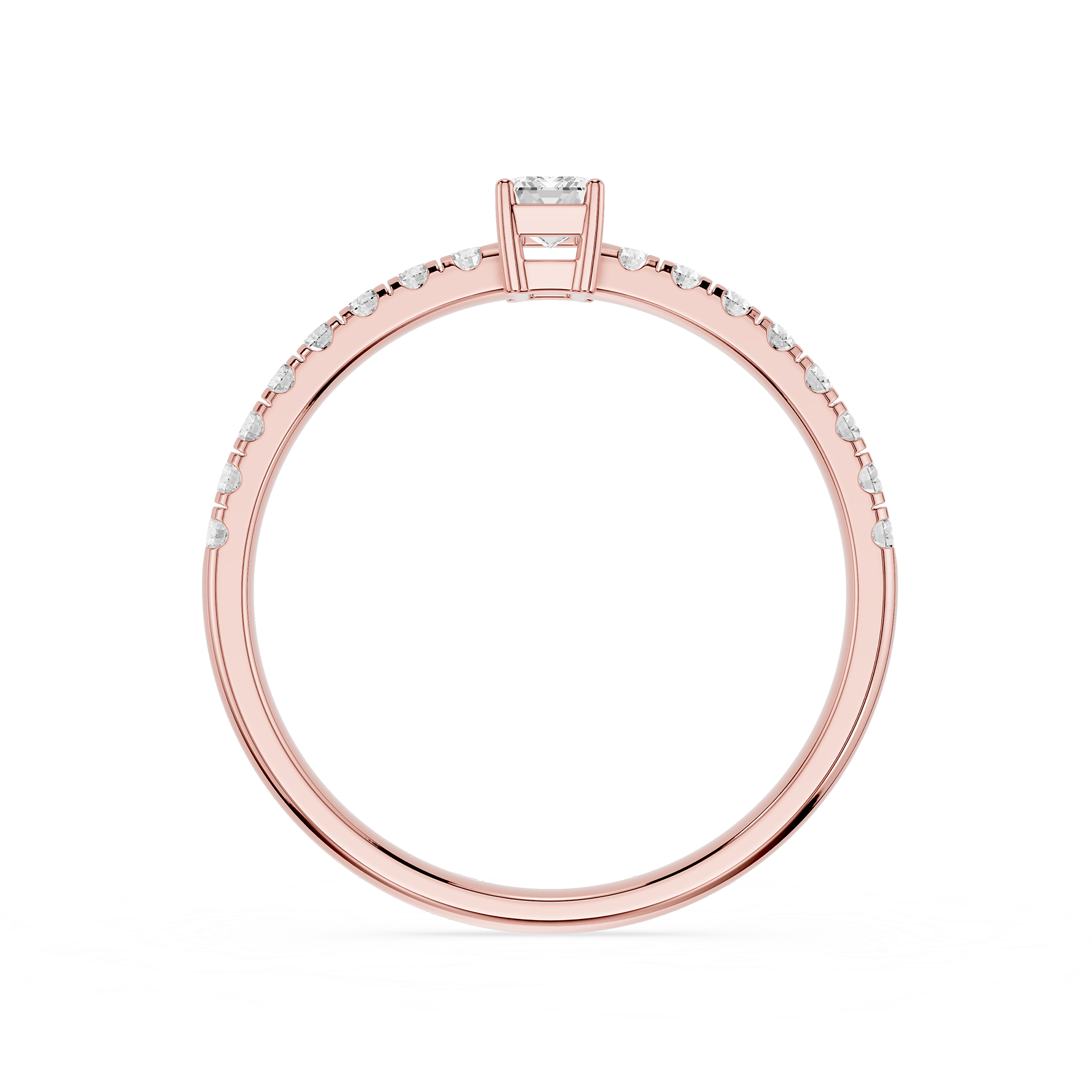 Rose gold ring with diamonds on a white background