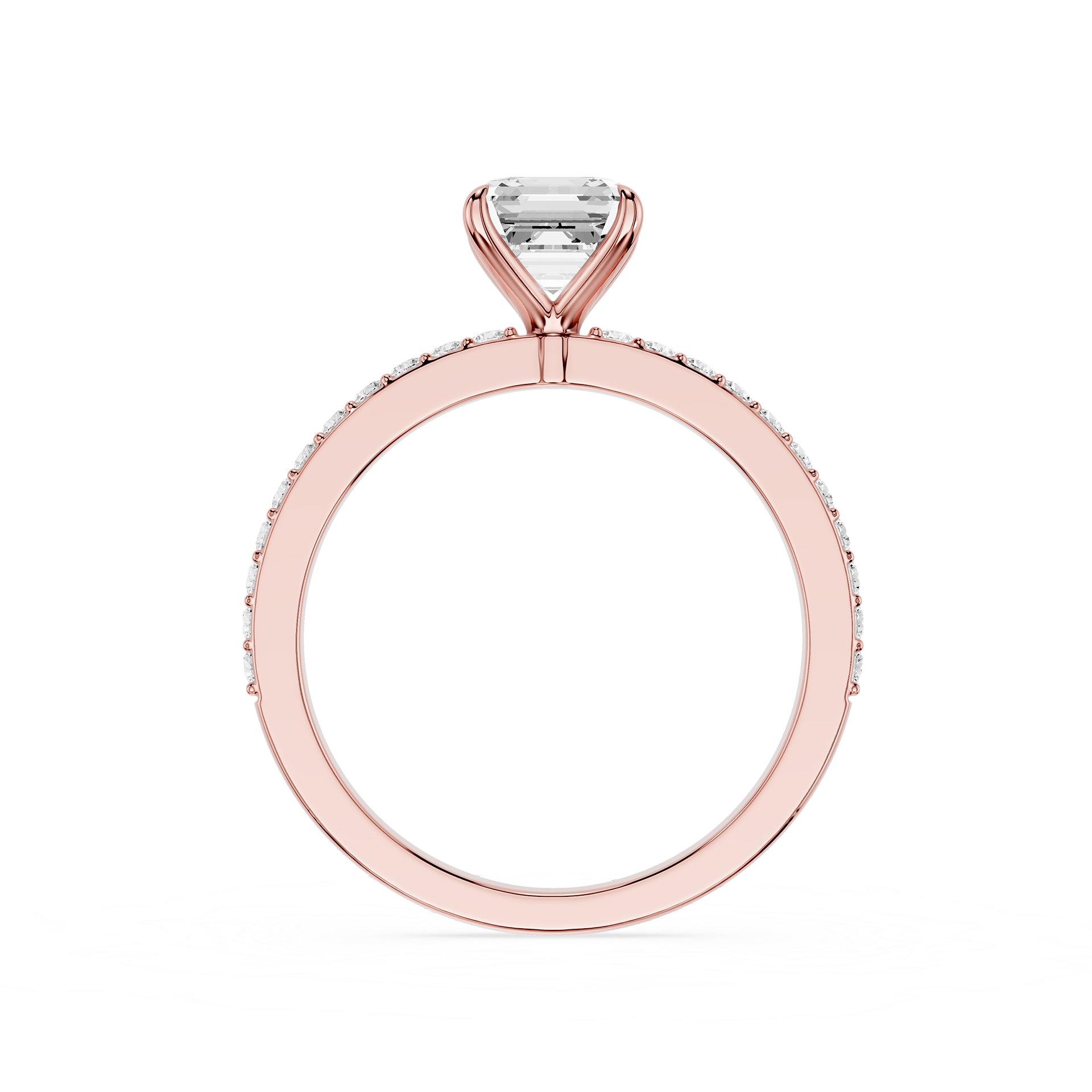 A Rose-toned diamond ring featuring a rectangular cushion-cut center stone in a four-prong setting, with a halo of small round diamonds along the band, shown against a plain white background.