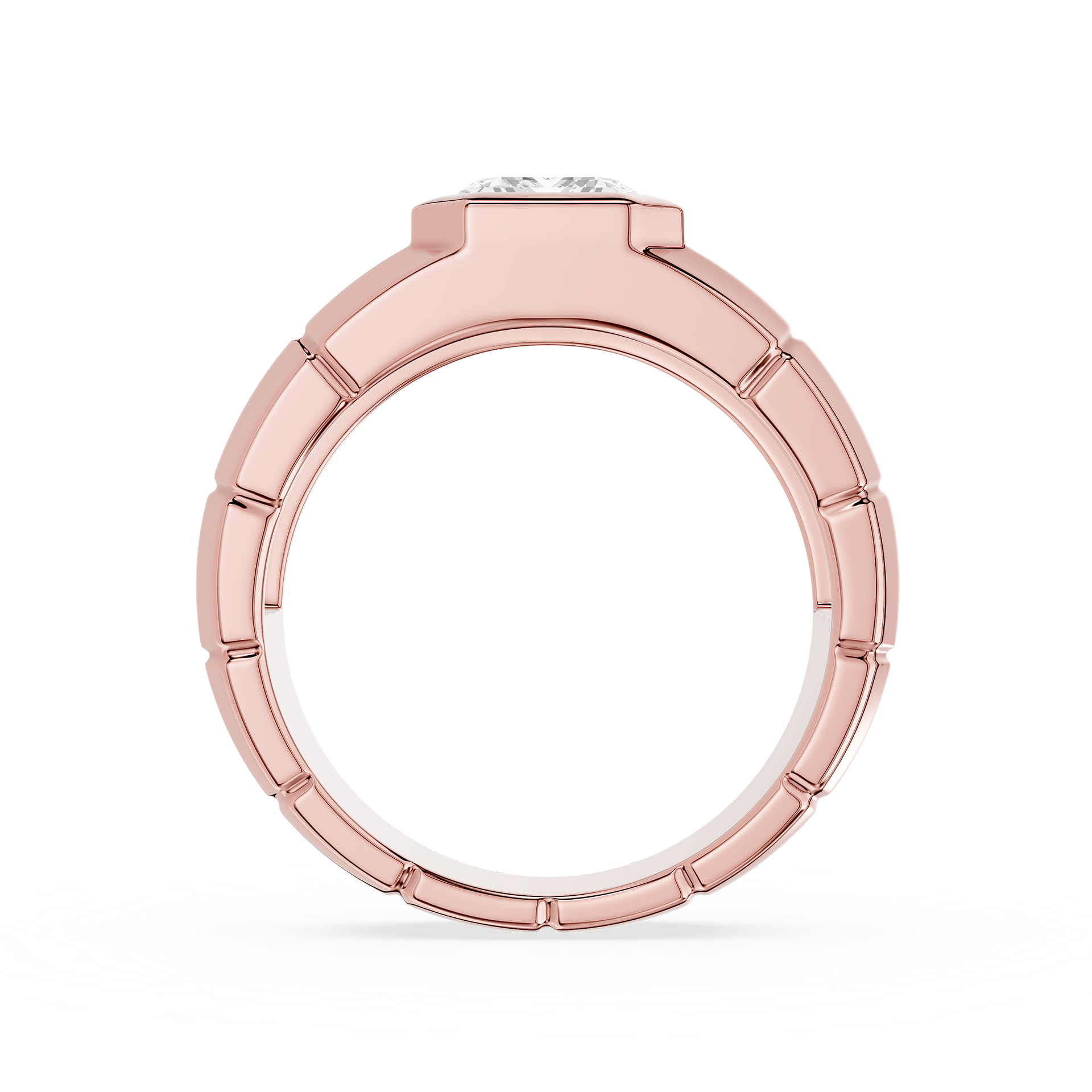 Rose gold ring with a diamond on a white background
