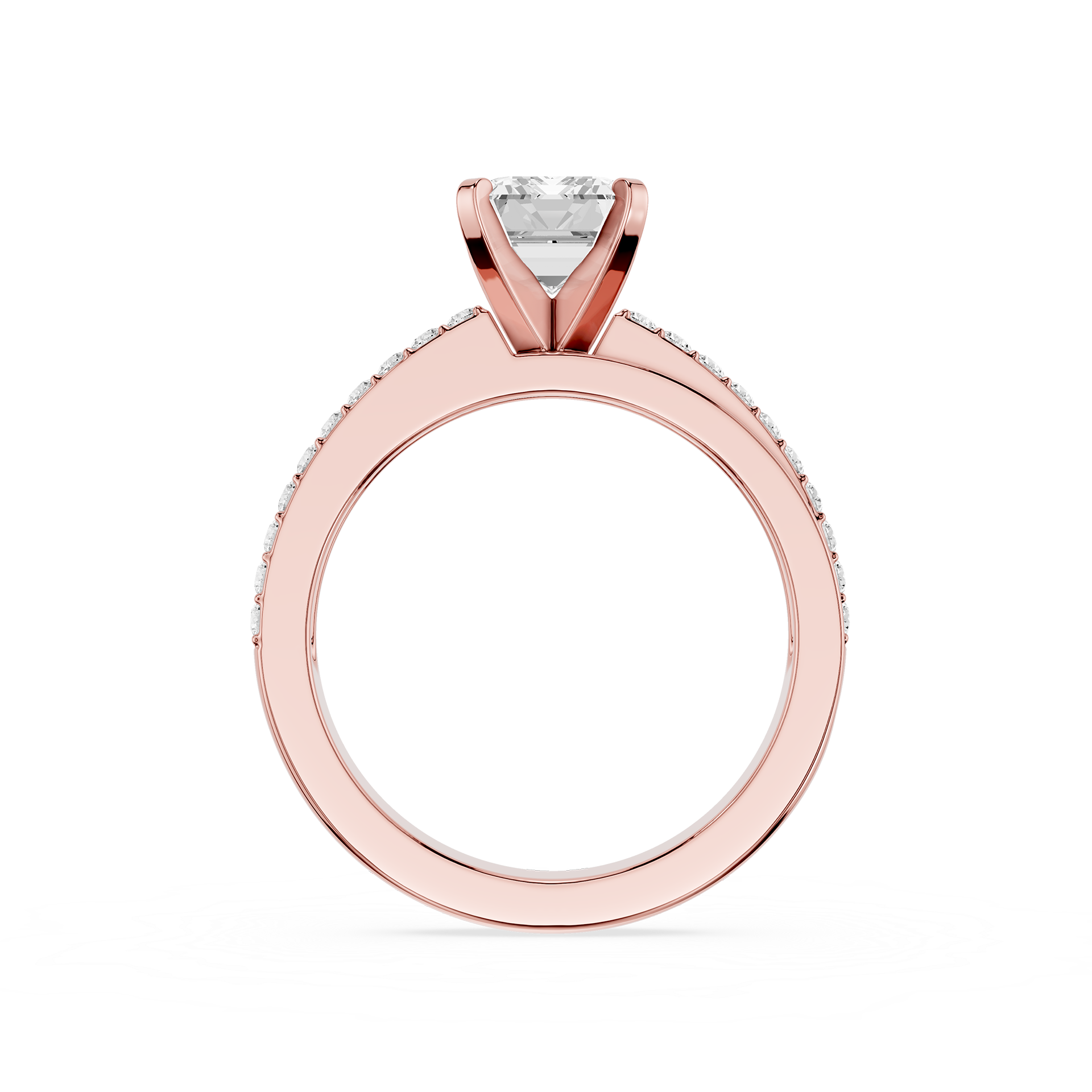 Rose gold ring with a diamond on a white background