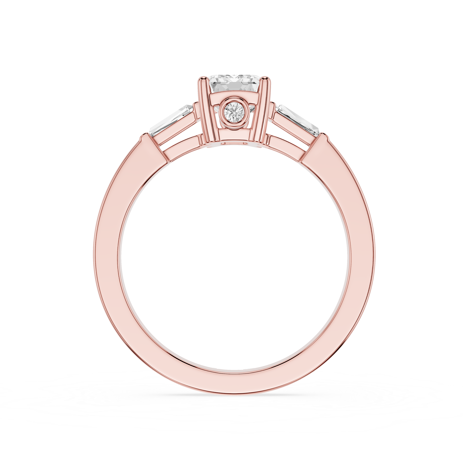 Rose gold ring with a diamond on a white background