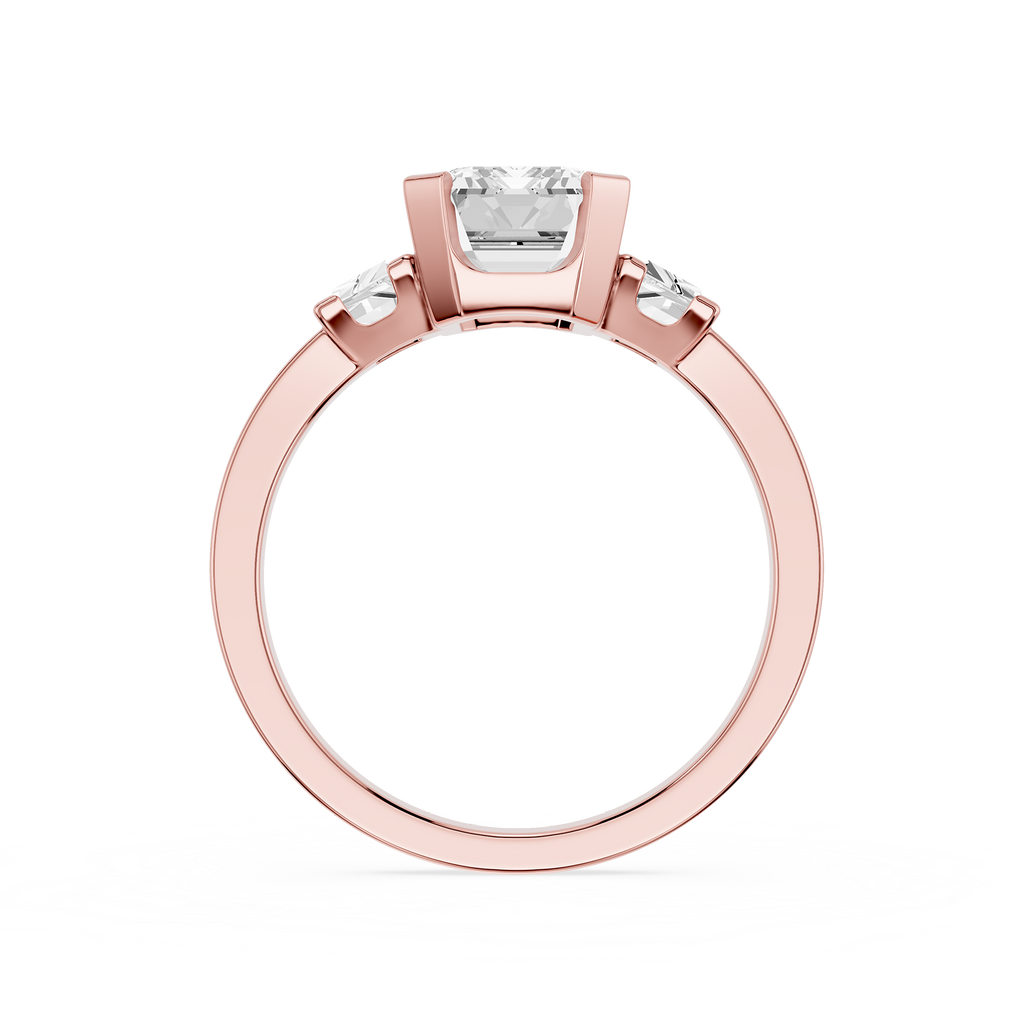 Rose gold ring with a diamond on a white background