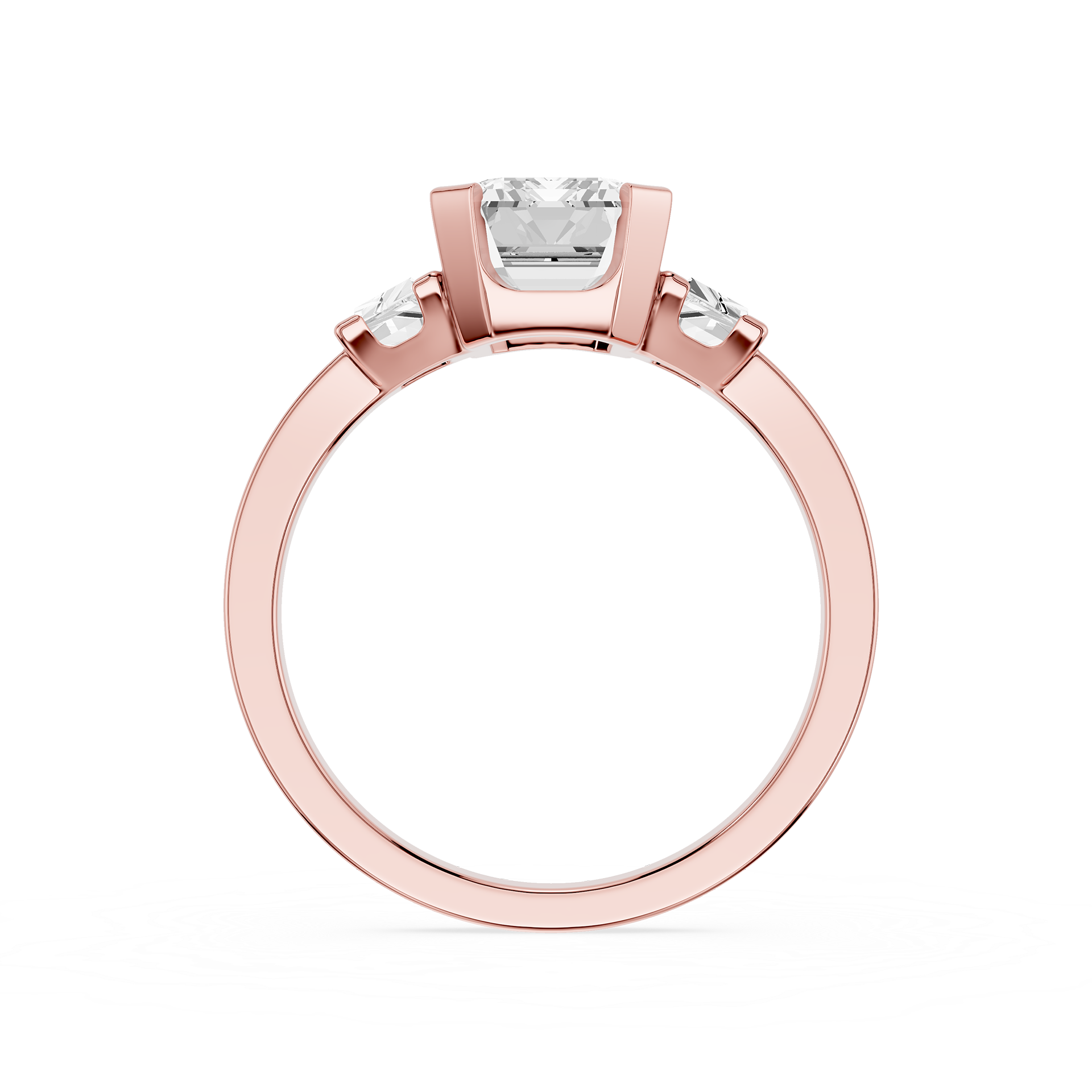 Rose gold ring with a diamond on a white background