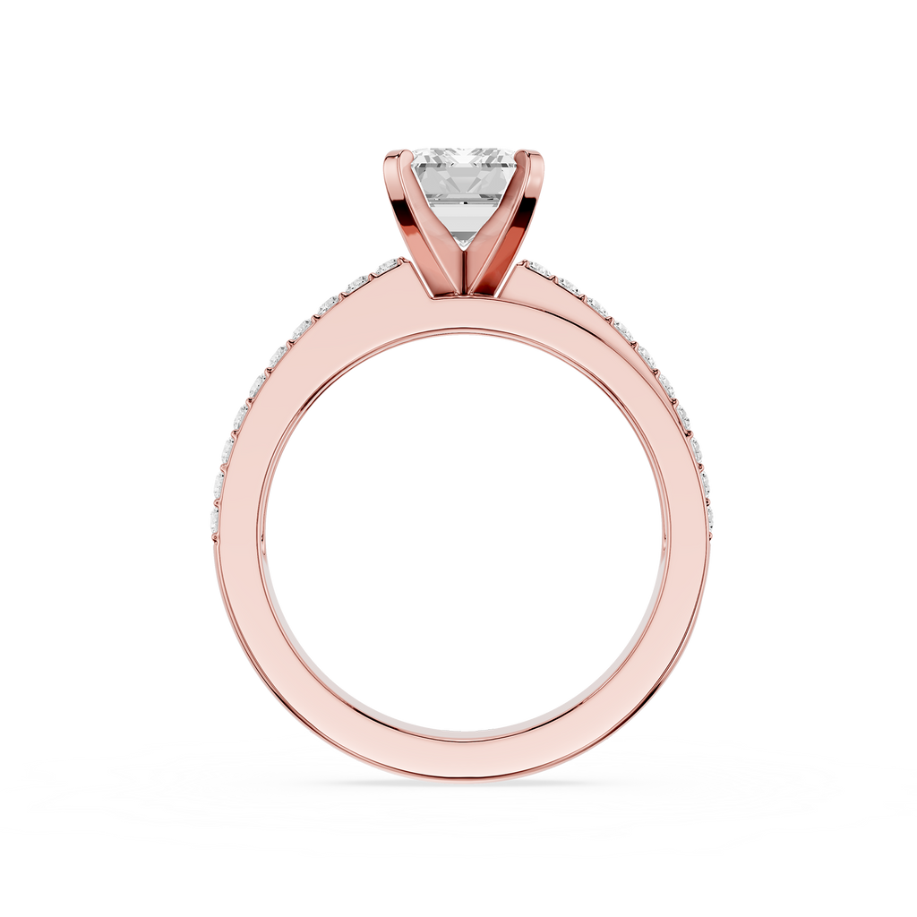 Rose gold ring with a diamond on a white background