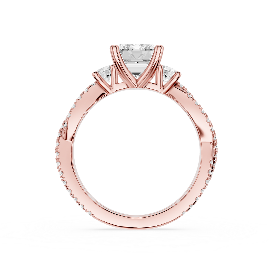 Rose gold ring with a diamond on a white background
