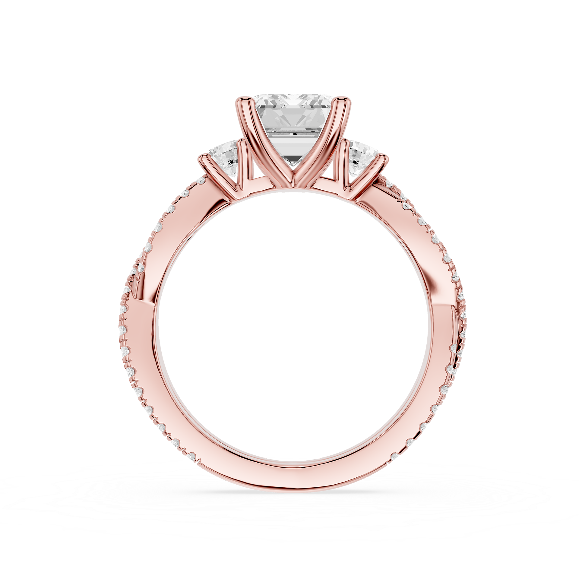 Rose gold ring with a diamond on a white background