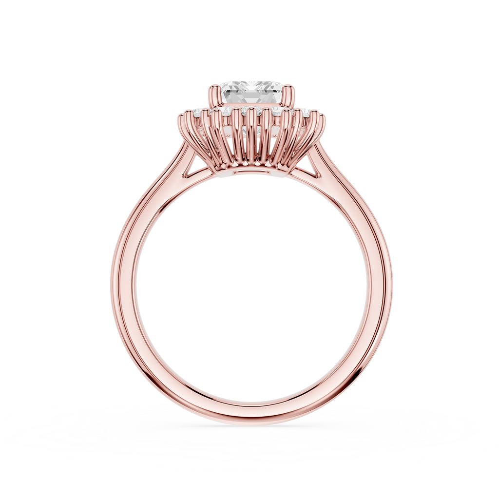 A rose gold ring with a unique prong setting holding a clear round gemstone, shown on a solid white background.