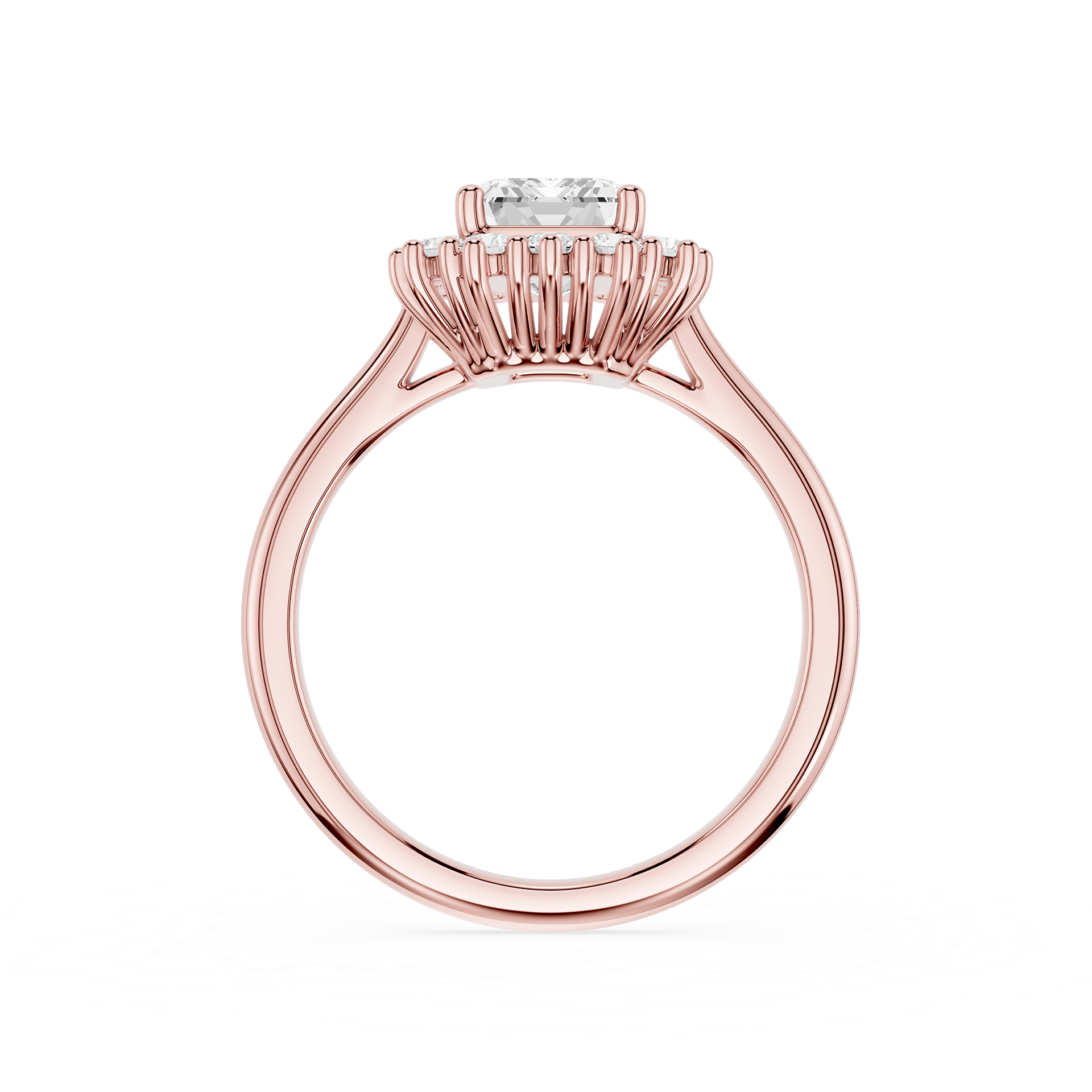 A rose gold ring with a unique prong setting holding a clear round gemstone, shown on a solid white background.