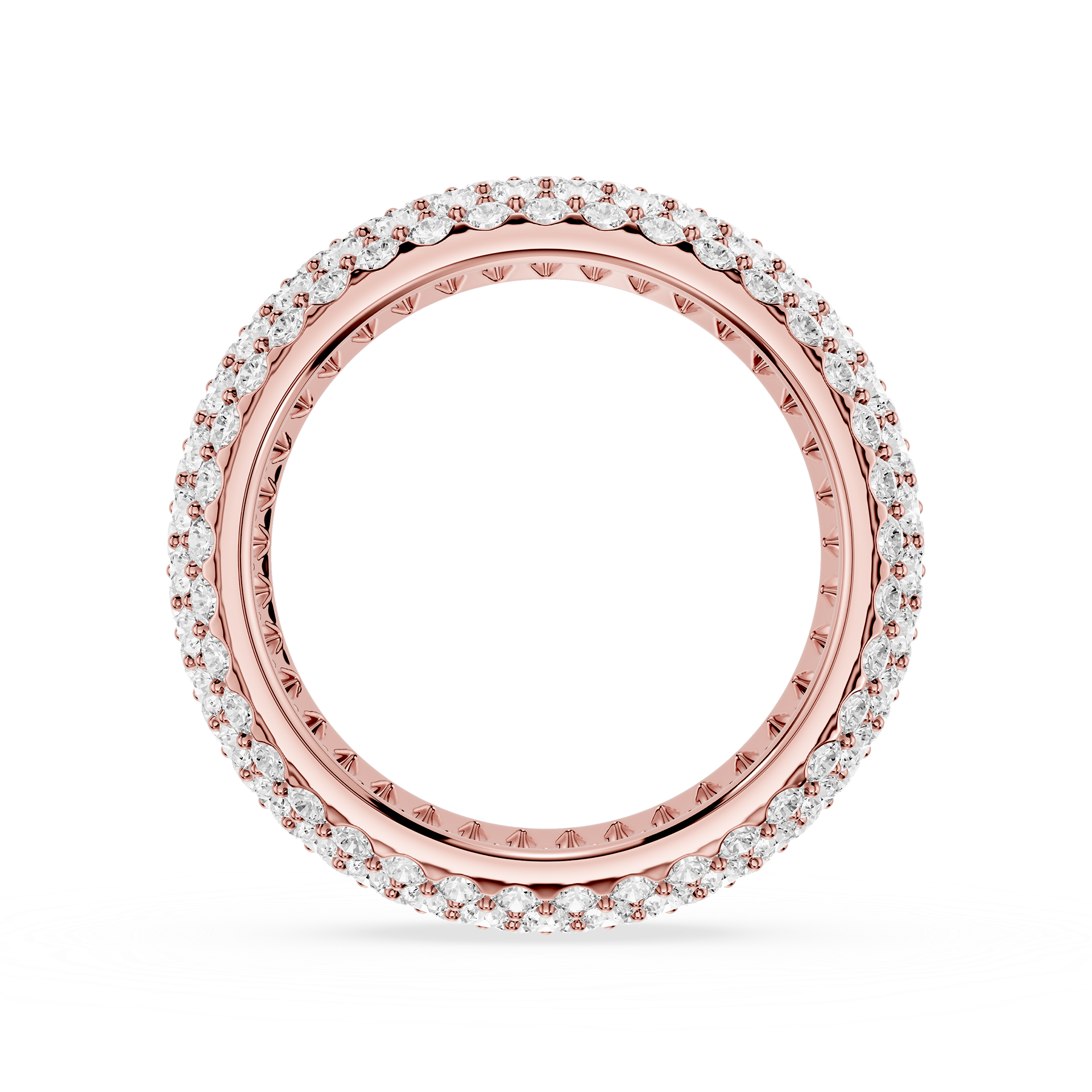 Rose gold ring with diamond accents on a white background