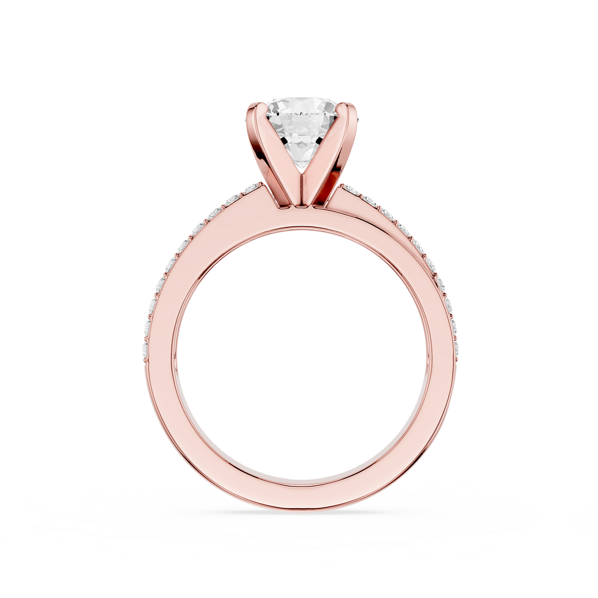 Back View OF Rose Gold Four Prong Round Cut Lab Diamond Solitaire Engagement Ring